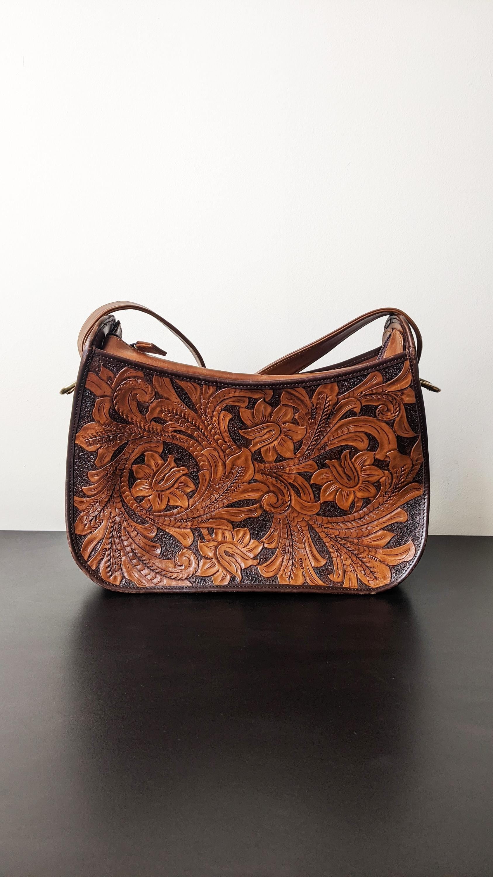 Vintage Tooled Leather Handbag with Adjustable Shoulder Strap, Bohemian Leafy Florals