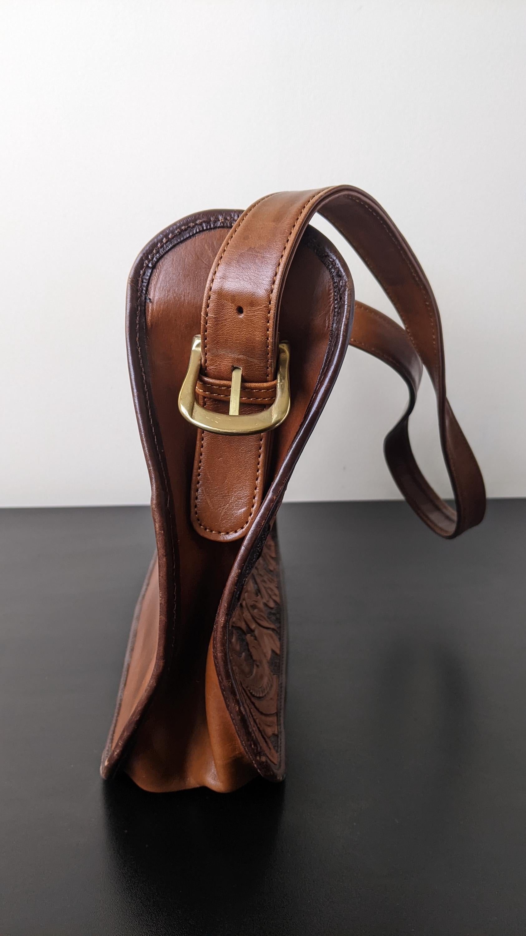 Vintage Tooled Leather Handbag with Adjustable Shoulder Strap, Bohemian Leafy Florals