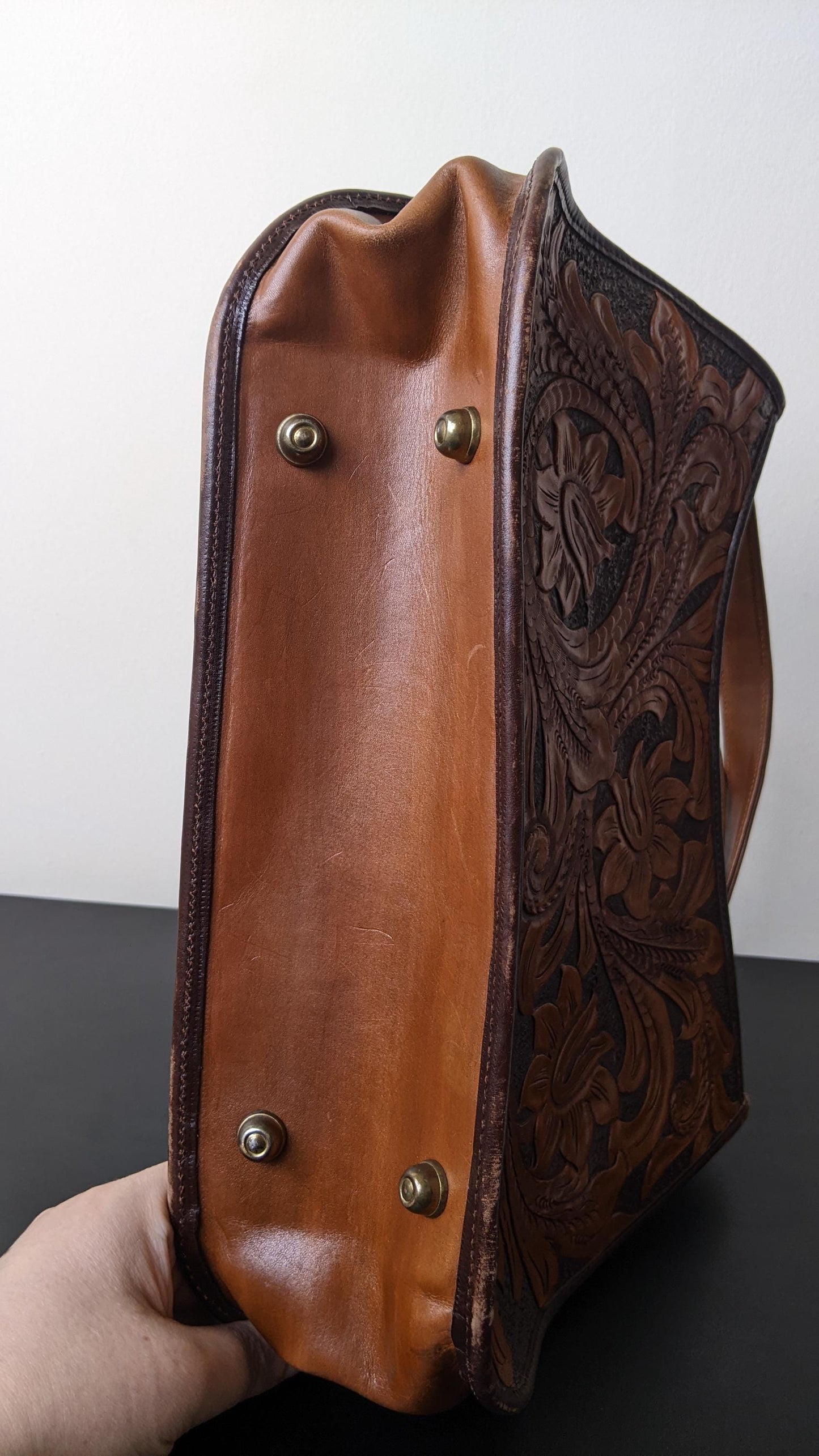 Vintage Tooled Leather Handbag with Adjustable Shoulder Strap, Bohemian Leafy Florals