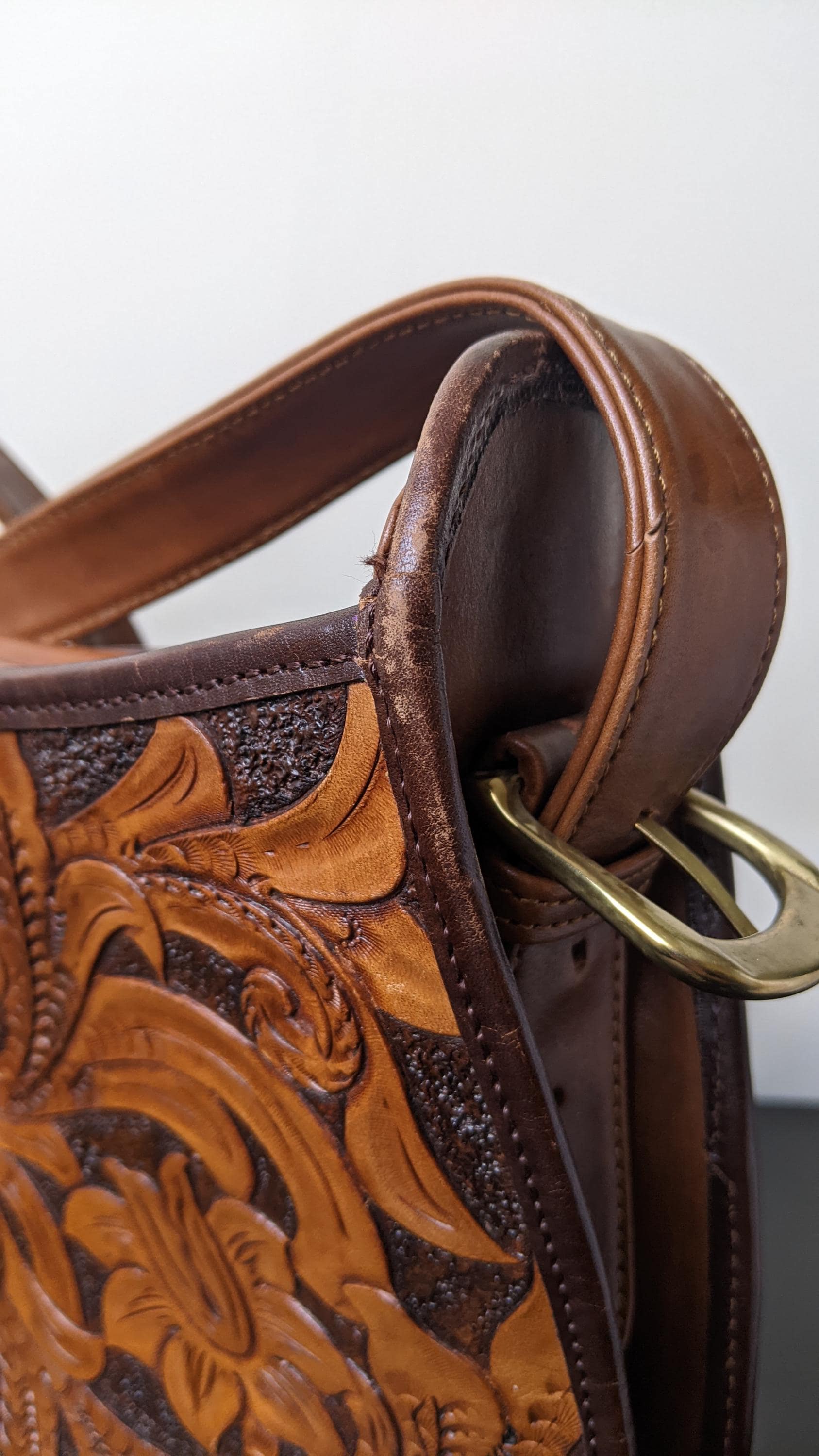 Vintage Tooled Leather Handbag with Adjustable Shoulder Strap, Bohemian Leafy Florals