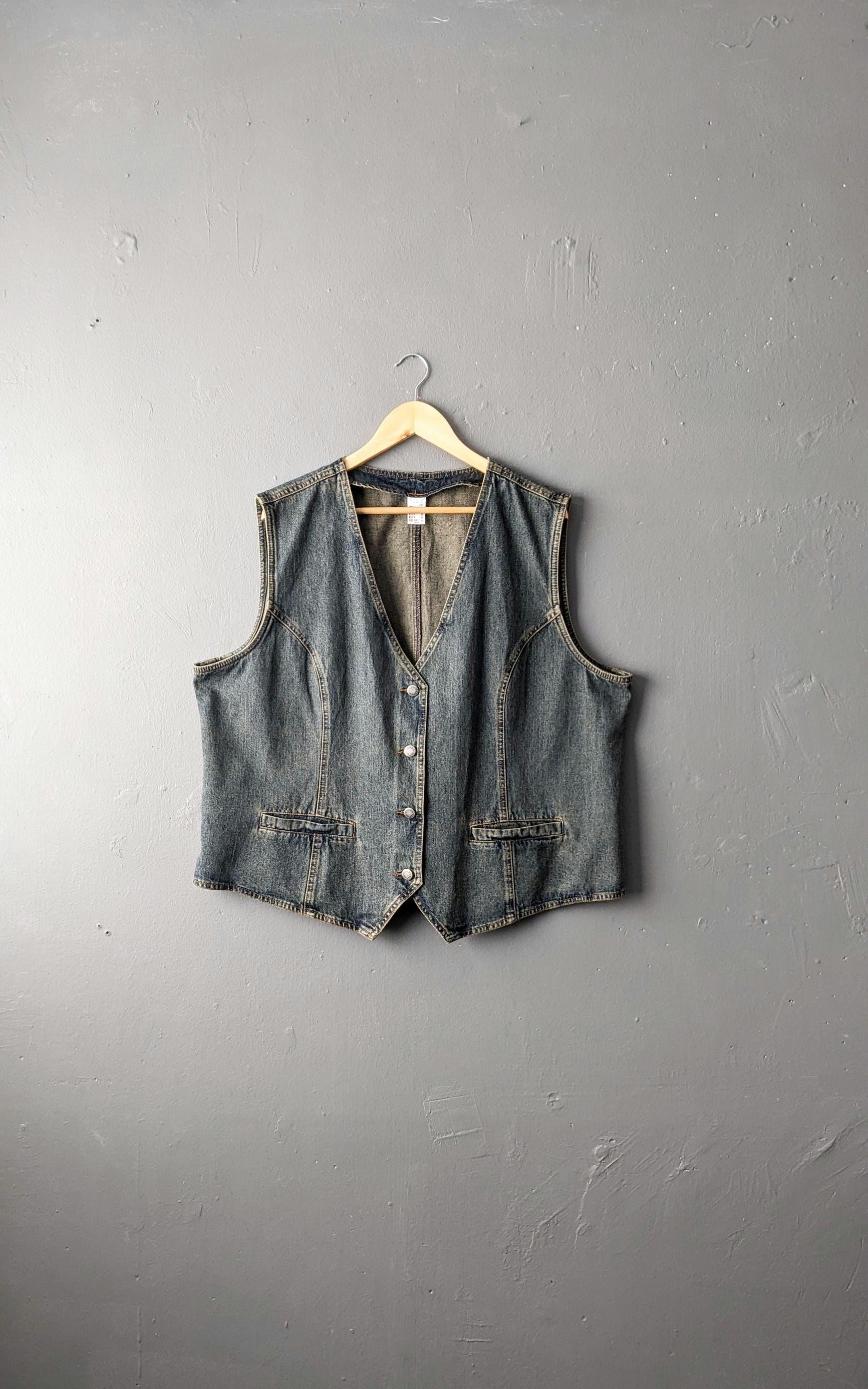 Plus Size Denim Vest, Vintage 90s Gilet, Sleeveless Jean Jacket, UK 24