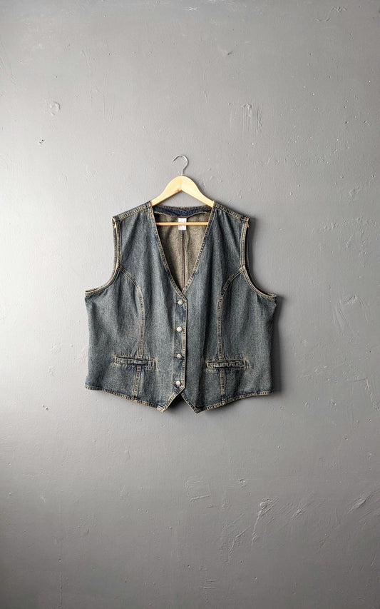 Plus Size Denim Vest, Vintage 90s Gilet, Sleeveless Jean Jacket, UK 24