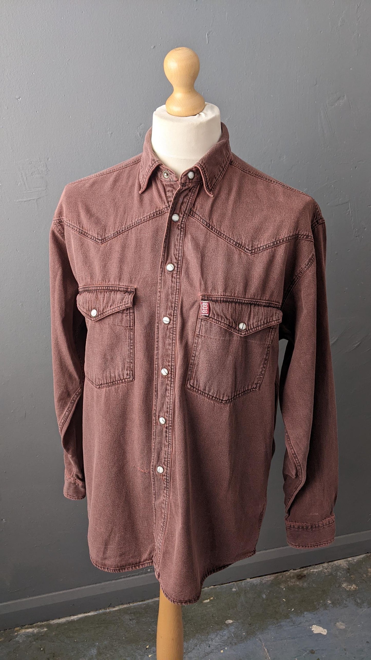 90s Mens Burgundy Denim Shirt, Overdyed Cotton Loose Fit, Size Medium Large 42 Chest