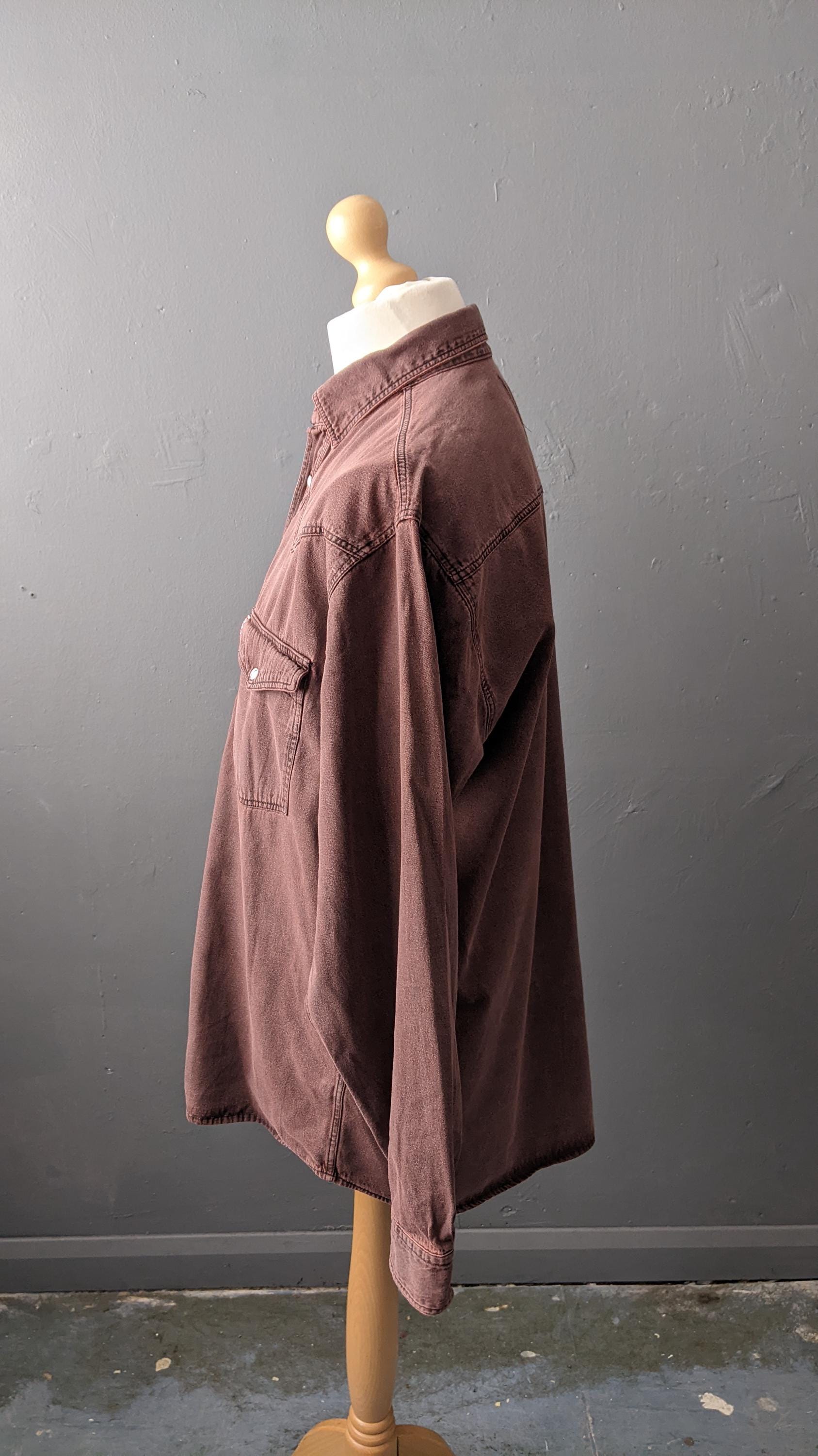 90s Mens Burgundy Denim Shirt, Overdyed Cotton Loose Fit, Size Medium Large 42 Chest