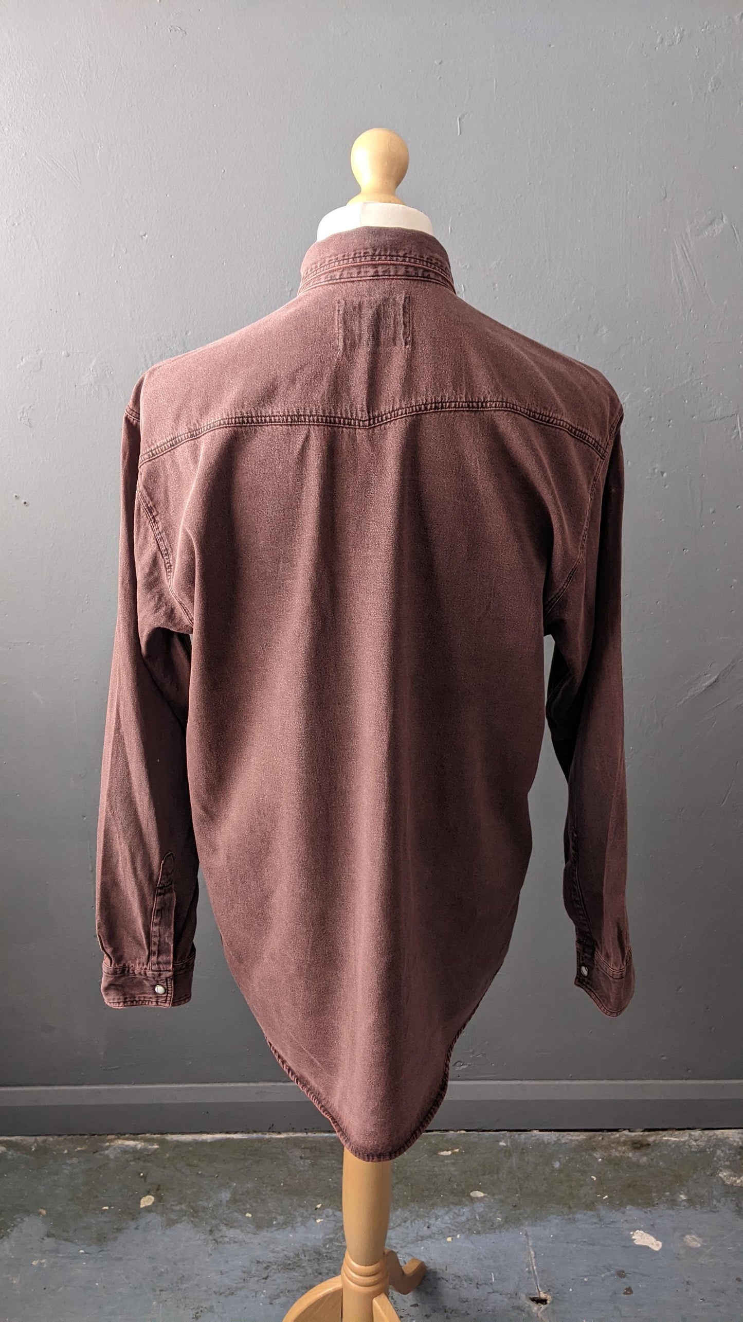 90s Mens Burgundy Denim Shirt, Overdyed Cotton Loose Fit, Size Medium Large 42 Chest
