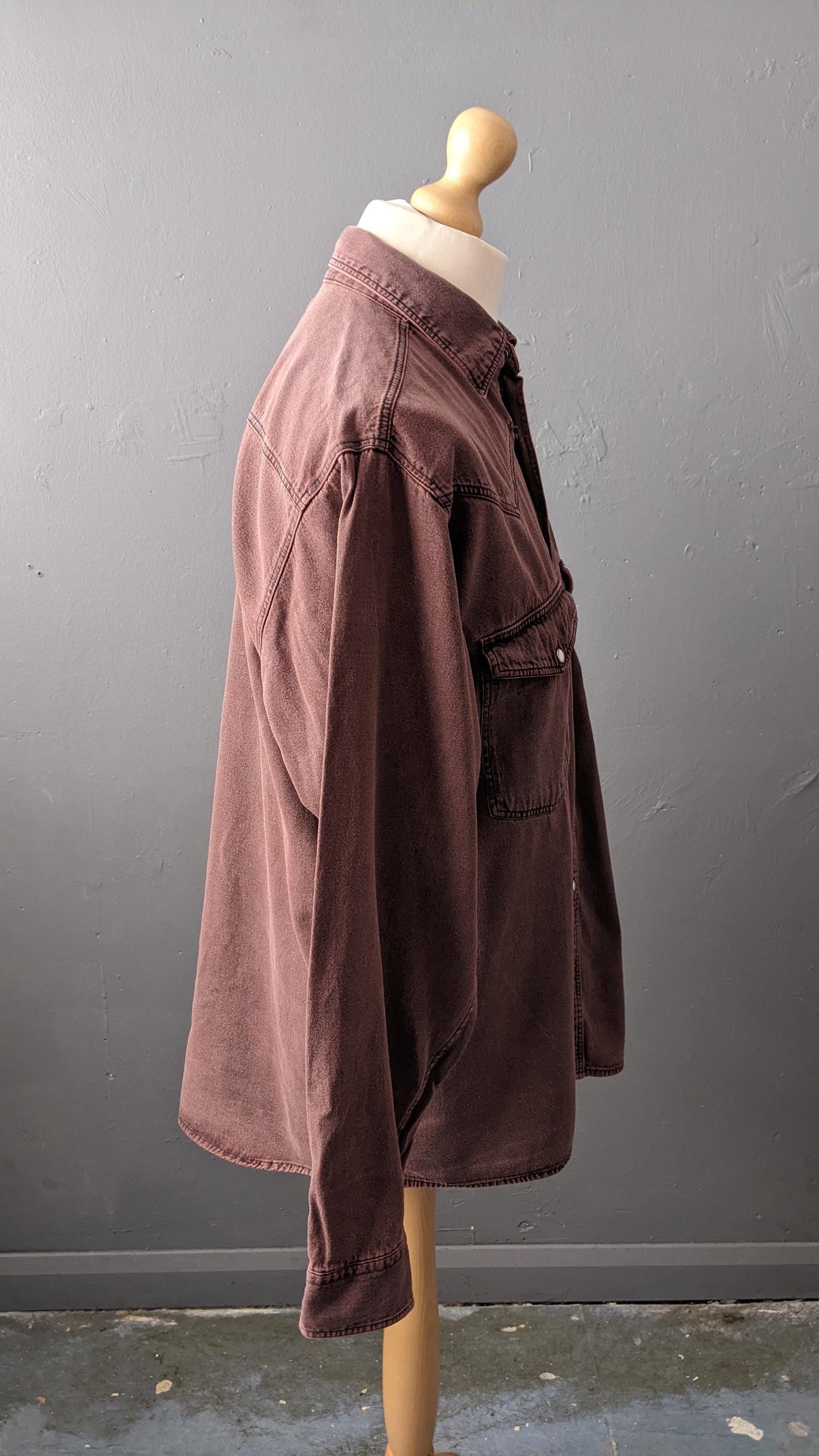 90s Mens Burgundy Denim Shirt, Overdyed Cotton Loose Fit, Size Medium Large 42 Chest