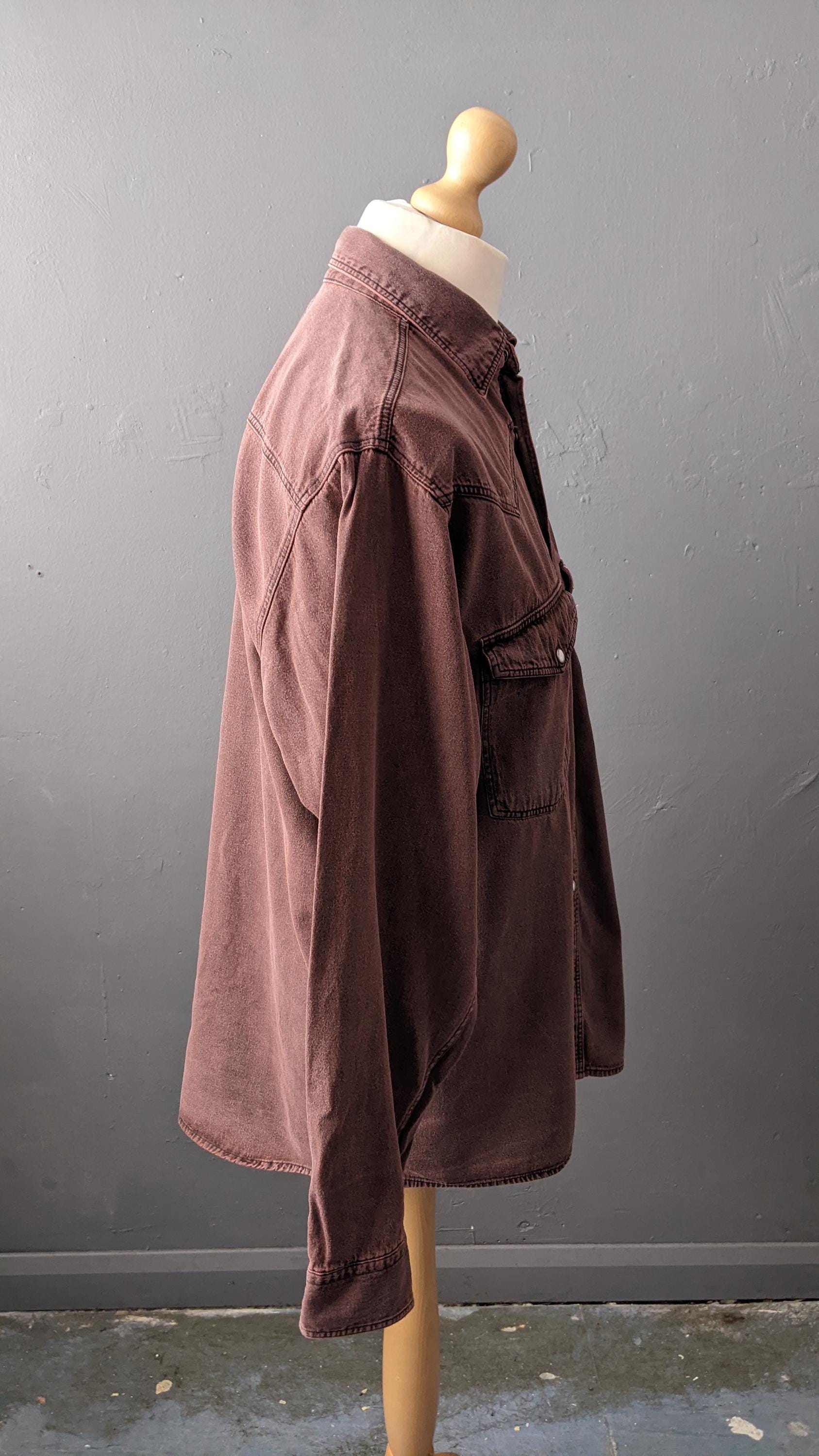 90s Mens Burgundy Denim Shirt, Overdyed Cotton Loose Fit, Size Medium Large 42 Chest