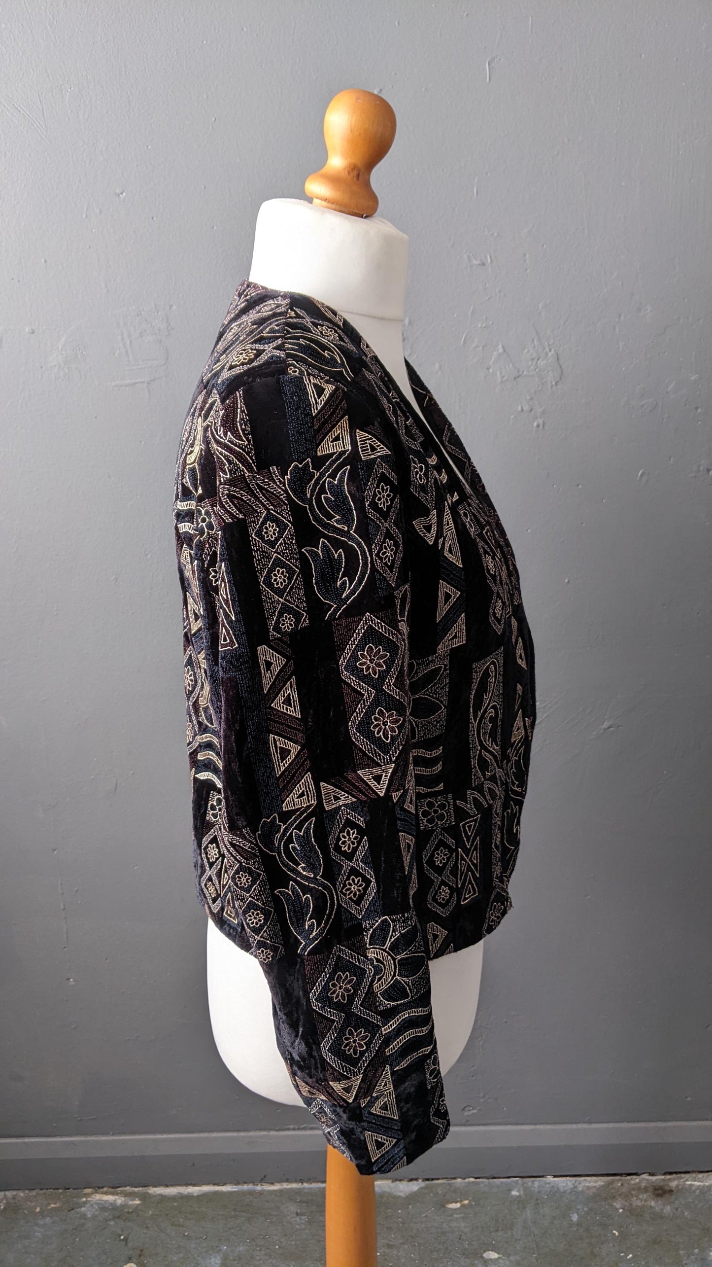 80s Velvet Jacket with Geometric Print, Retro Eveningwear, Size Small