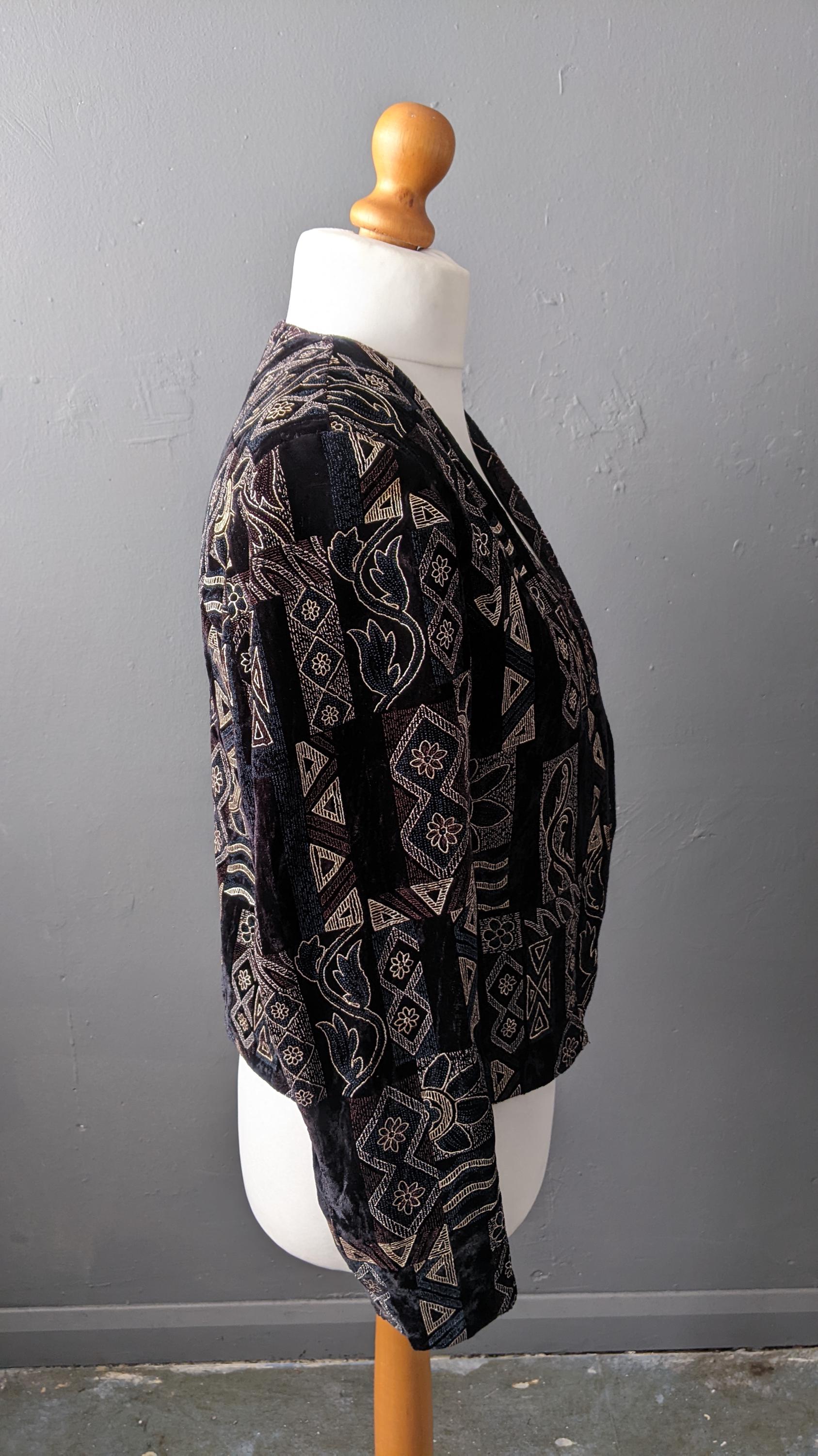 80s Velvet Jacket with Geometric Print, Retro Eveningwear, Size Small