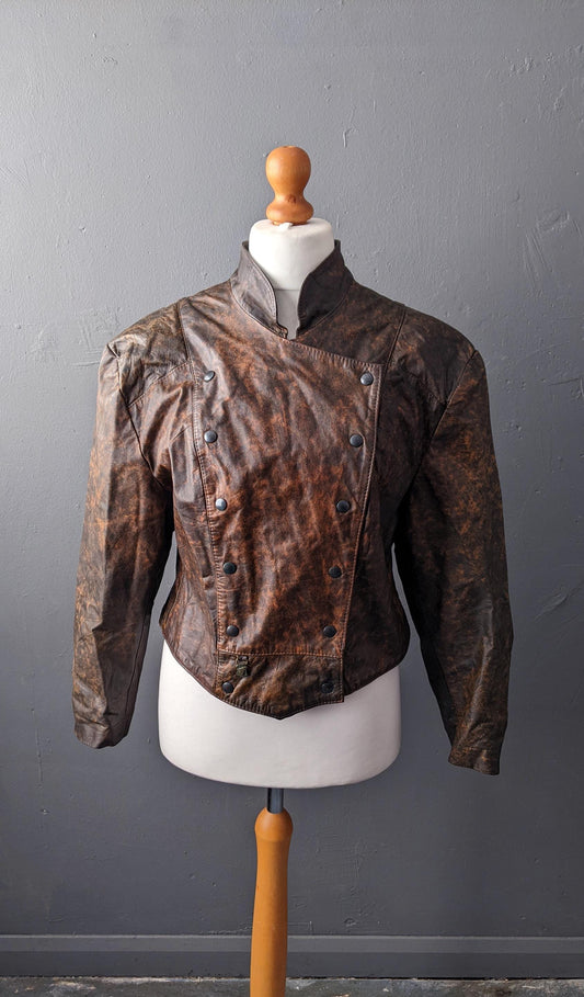 Vintage 80s Leather Coat, Eighties Dieselpunk Biker Jacket, Size Medium