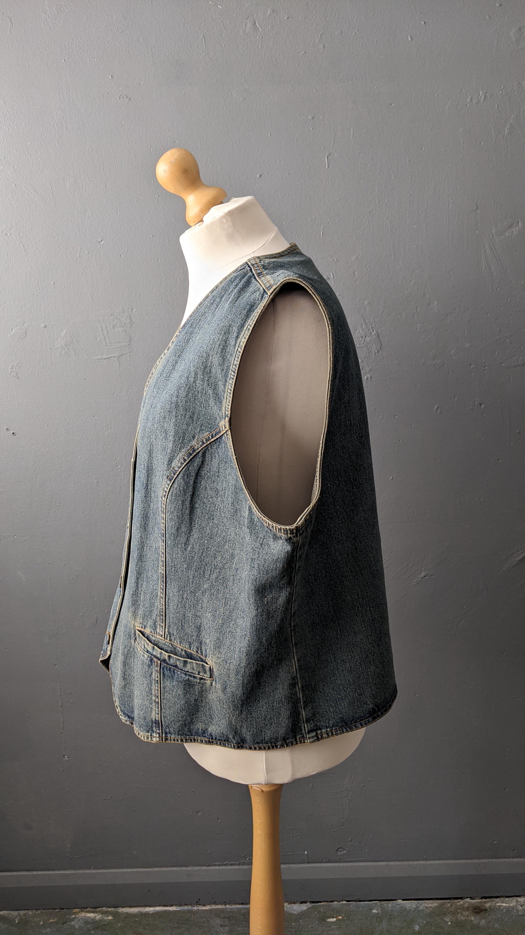 Plus Size Denim Vest, Vintage 90s Gilet, Sleeveless Jean Jacket, UK 24