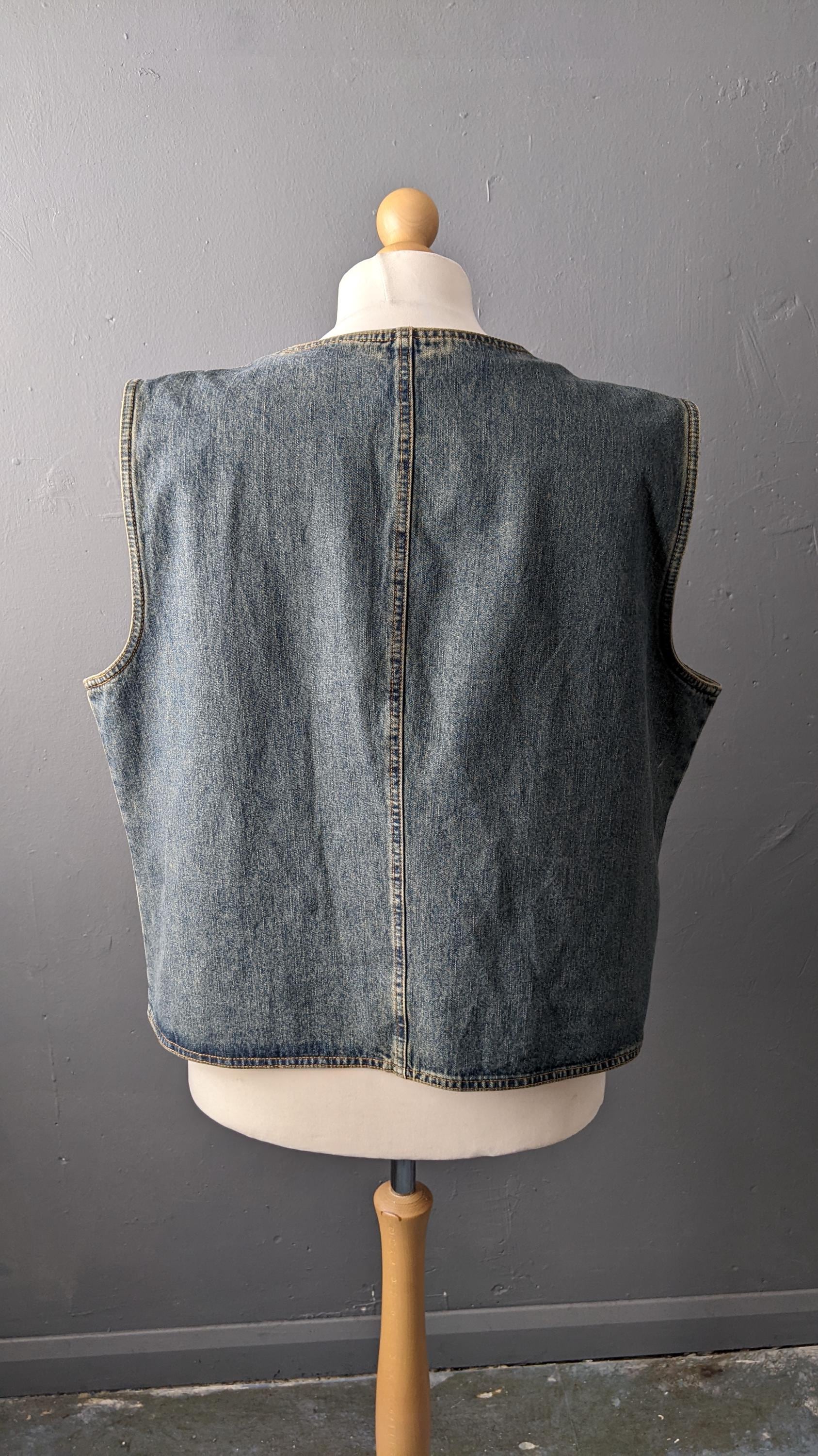 Plus Size Denim Vest, Vintage 90s Gilet, Sleeveless Jean Jacket, UK 24
