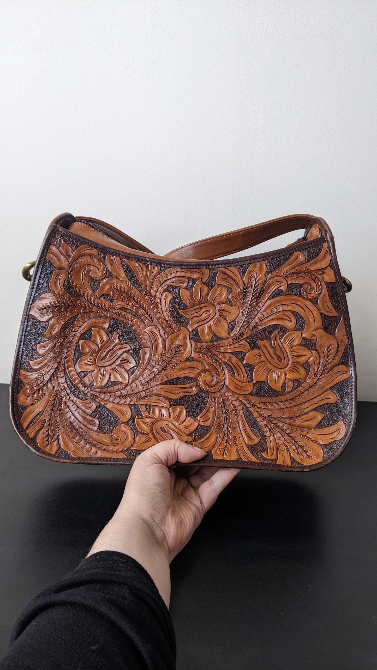 Vintage Tooled Leather Handbag with Adjustable Shoulder Strap, Bohemian Leafy Florals