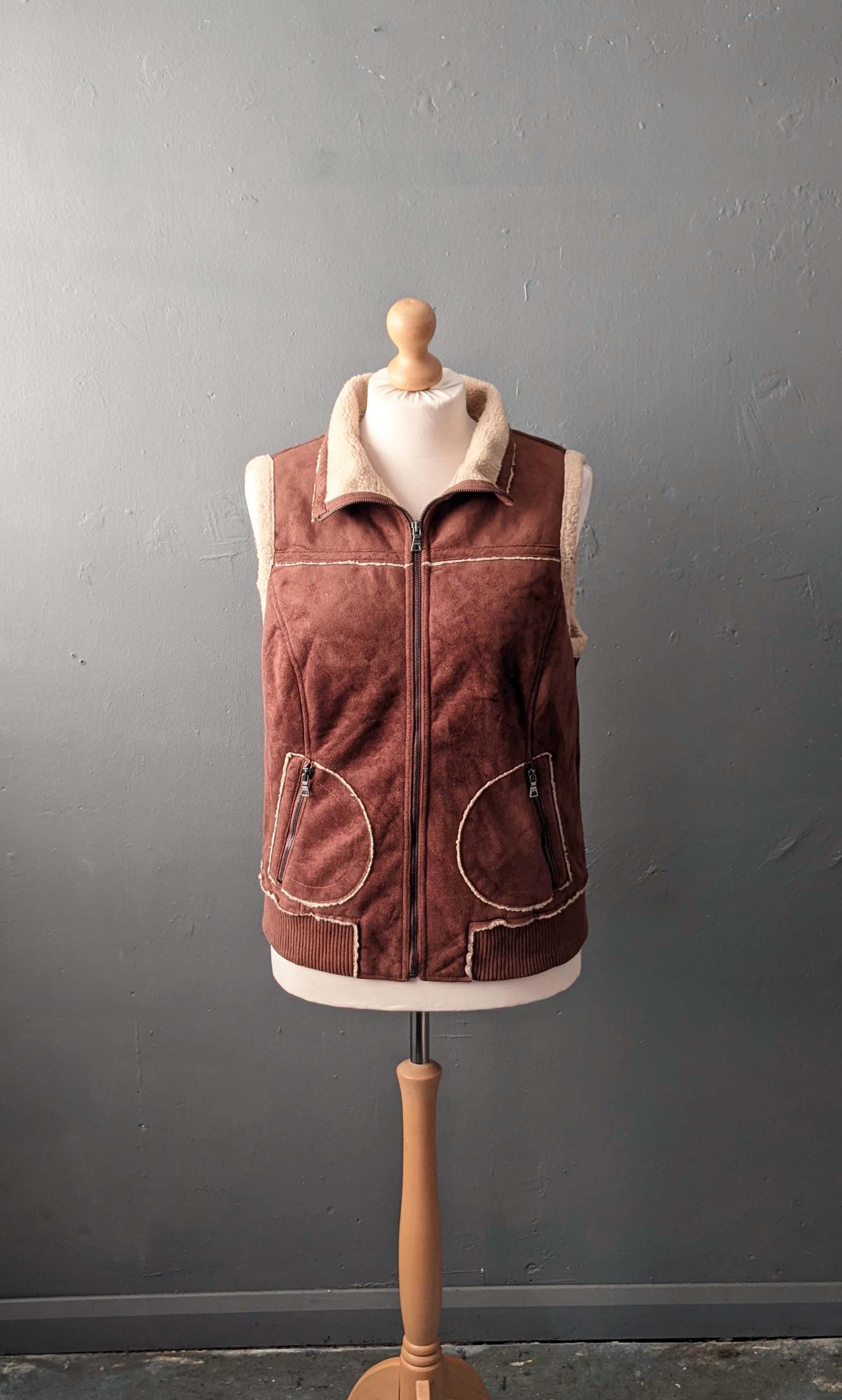 Y2K Faux Sheepskin Gilet by Esprit, Sleeveless Bodywarmer Vest, Plus Size Large XL