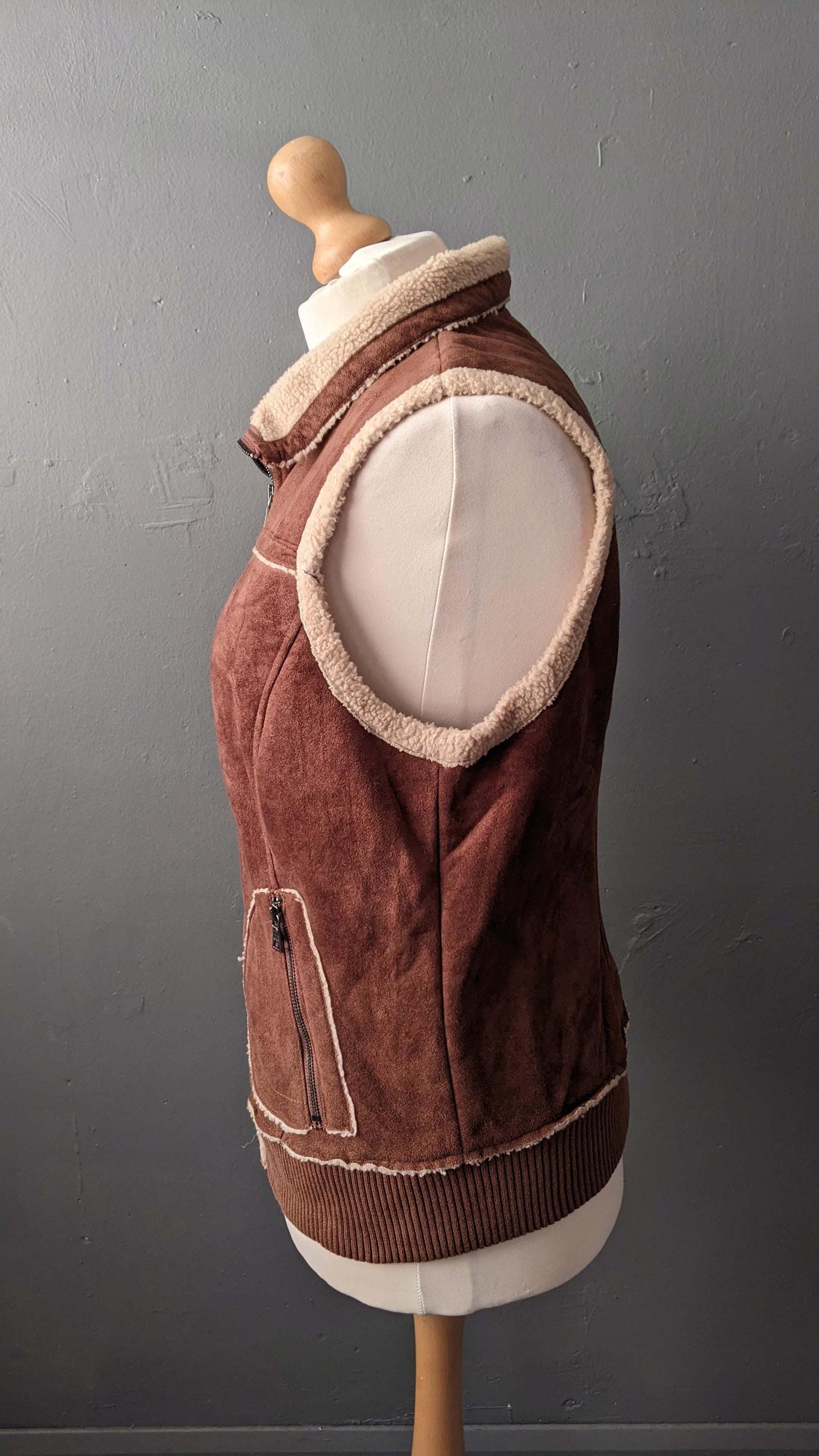 Y2K Faux Sheepskin Gilet by Esprit, Sleeveless Bodywarmer Vest, Plus Size Large XL