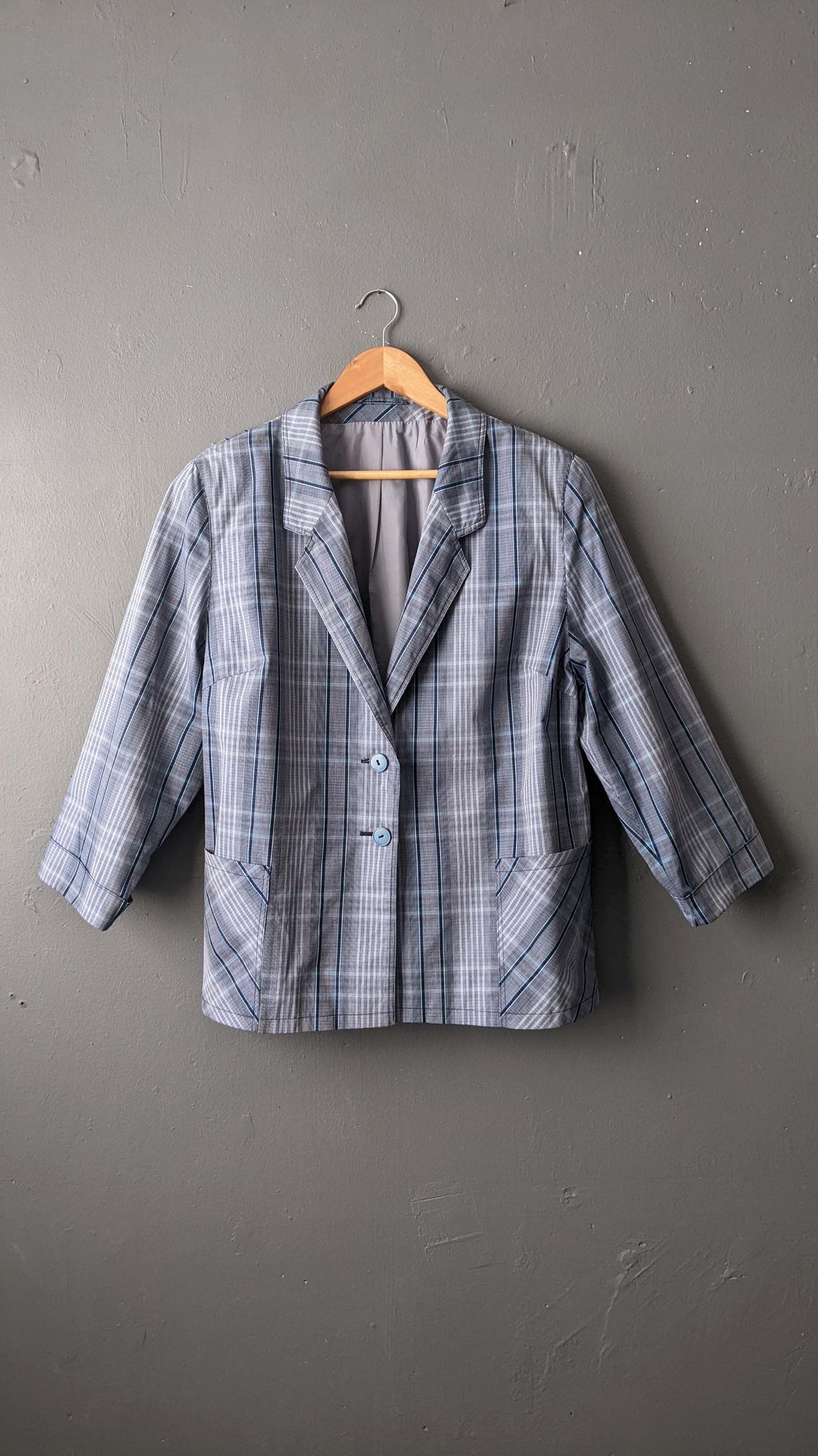 Vintage Blue Check Jacket, Lightweight Summer Boxy Blazer, Plus Size XL