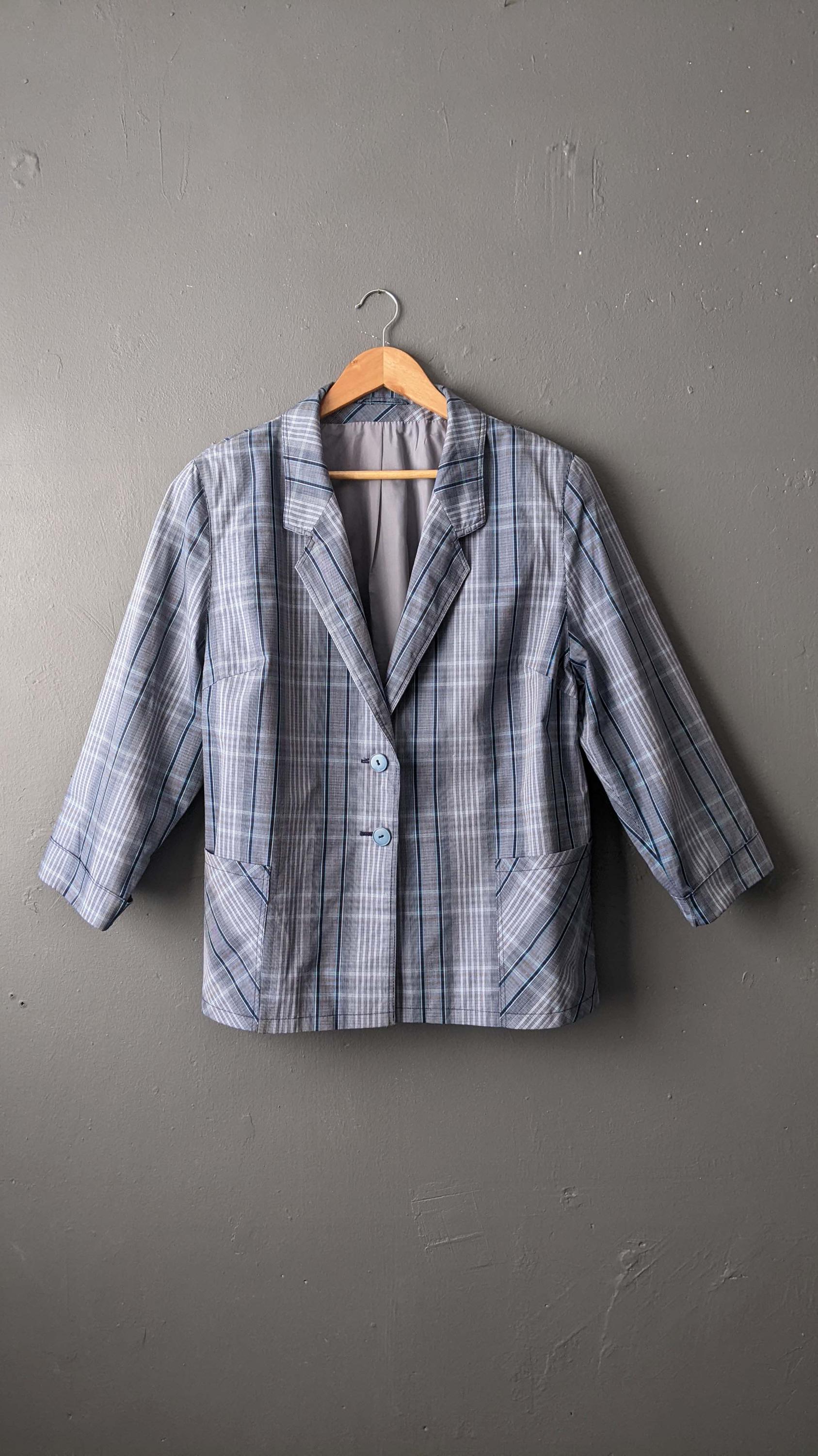 Vintage Blue Check Jacket, Lightweight Summer Boxy Blazer, Plus Size XL
