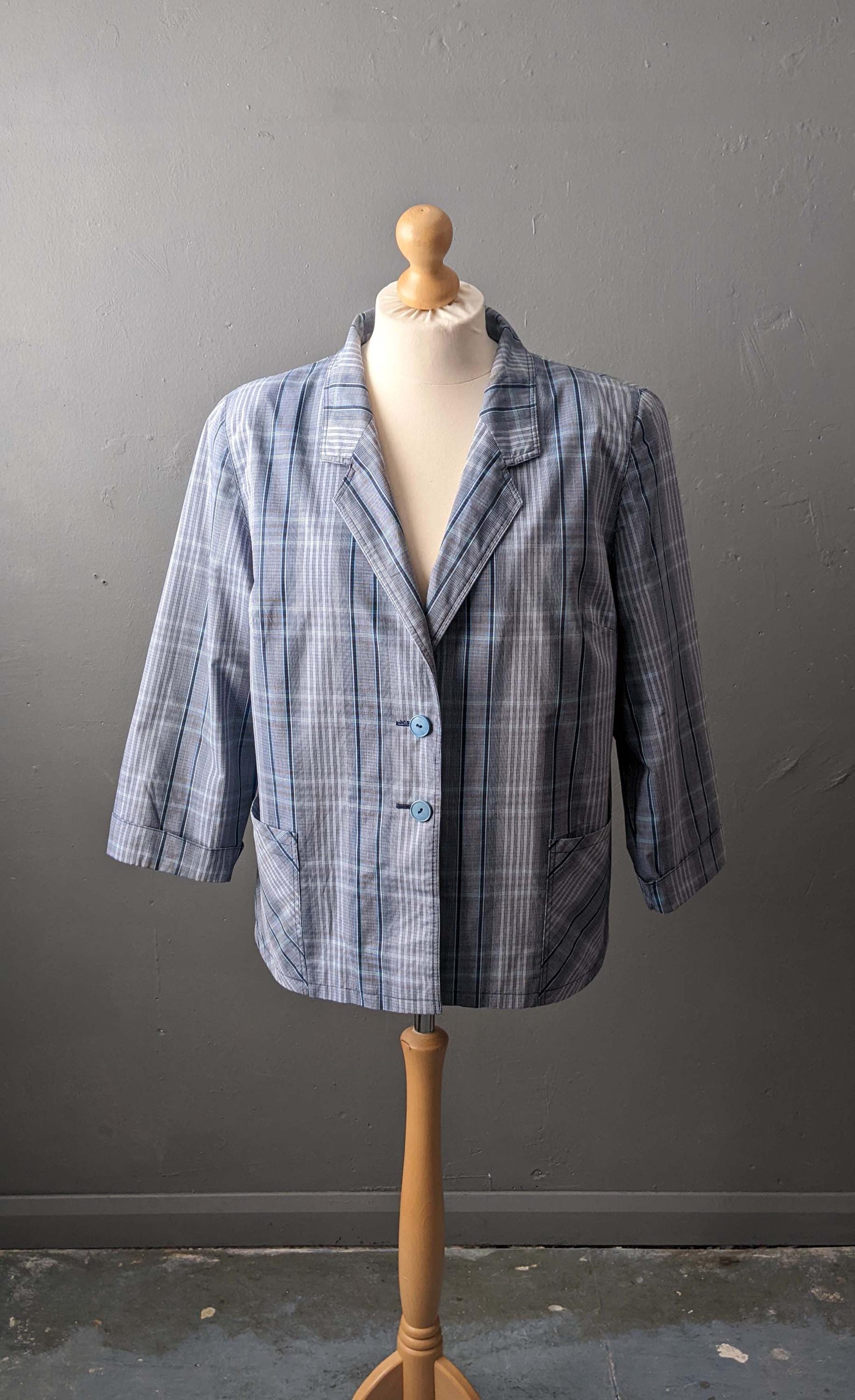 Vintage Blue Check Jacket, Lightweight Summer Boxy Blazer, Plus Size XL