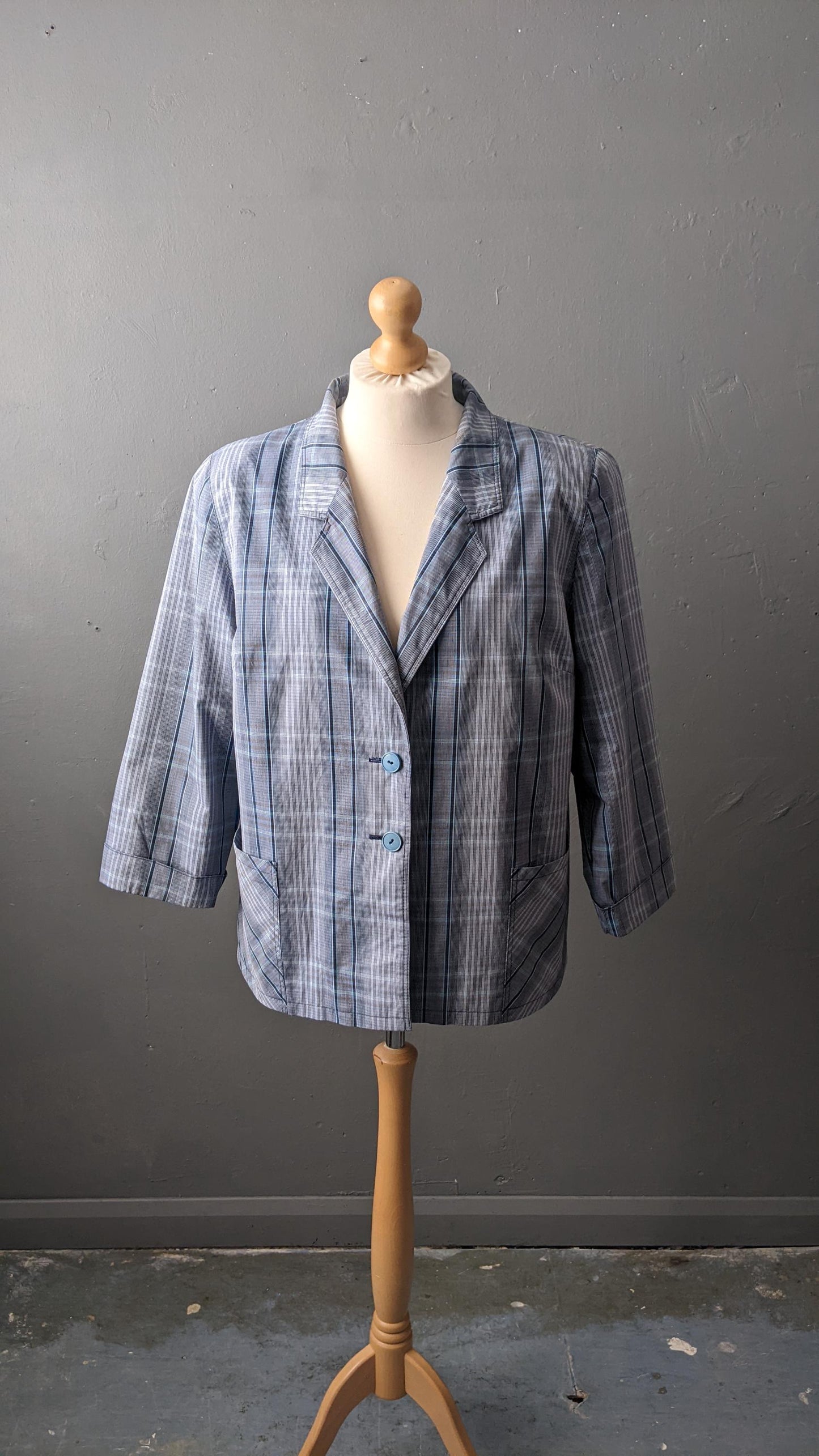 Vintage Blue Check Jacket, Lightweight Summer Boxy Blazer, Plus Size XL