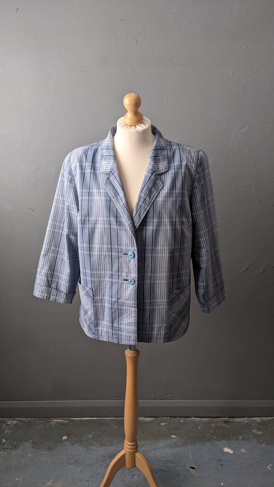 Vintage Blue Check Jacket, Lightweight Summer Boxy Blazer, Plus Size XL