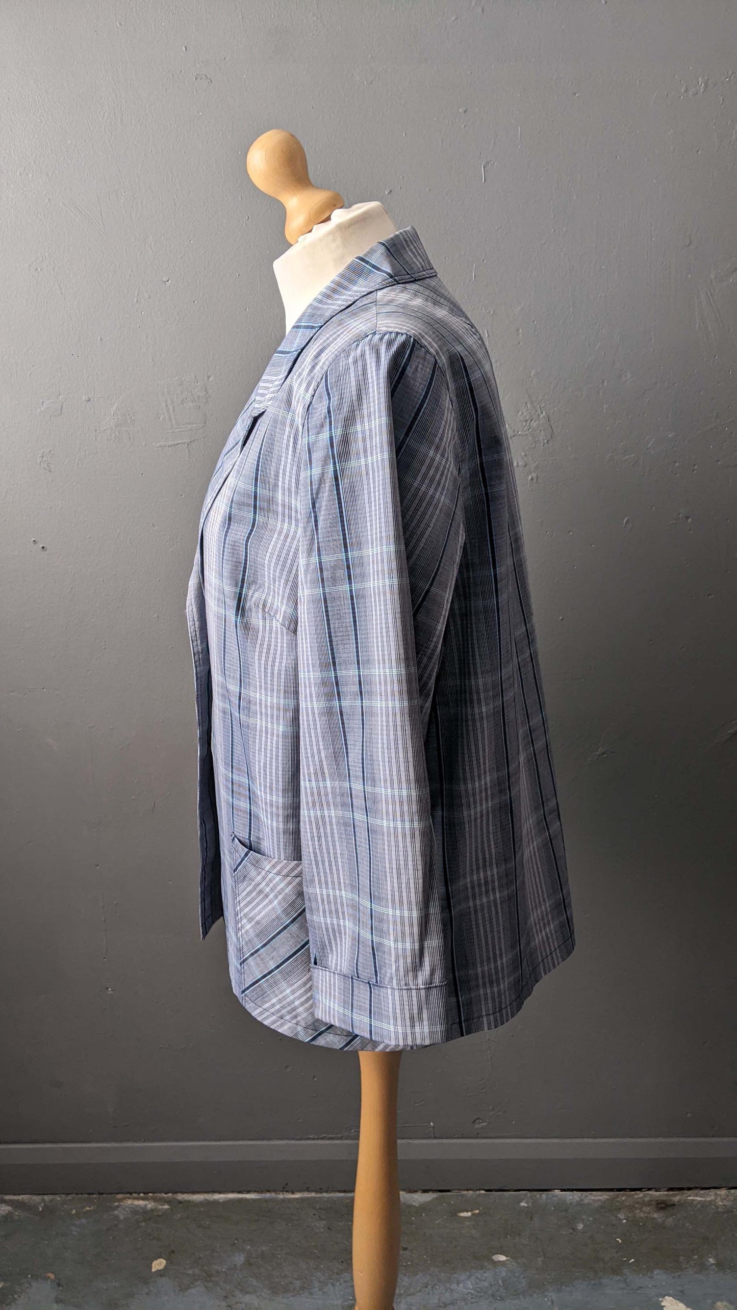 Vintage Blue Check Jacket, Lightweight Summer Boxy Blazer, Plus Size XL