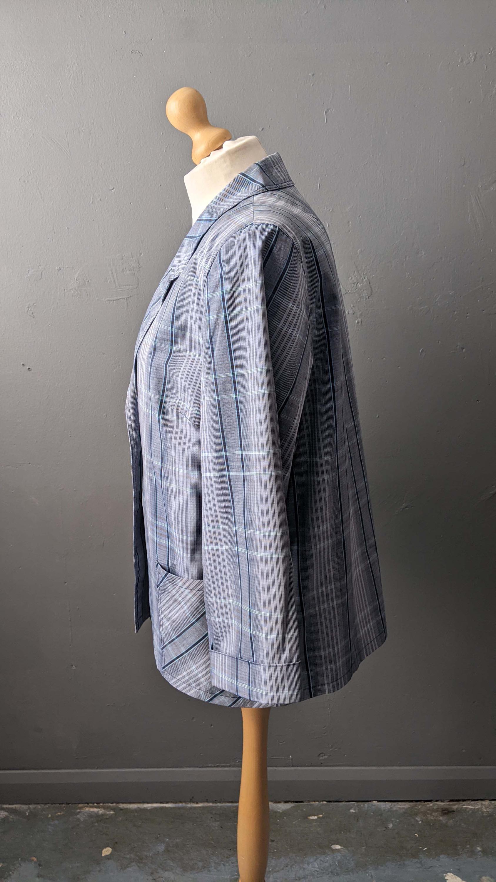 Vintage Blue Check Jacket, Lightweight Summer Boxy Blazer, Plus Size XL