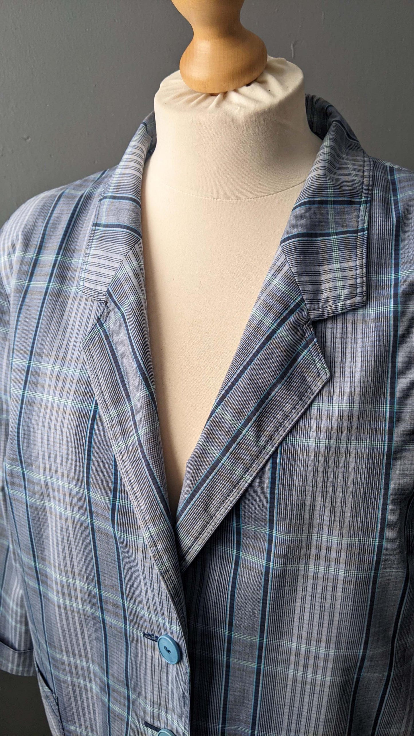 Vintage Blue Check Jacket, Lightweight Summer Boxy Blazer, Plus Size XL