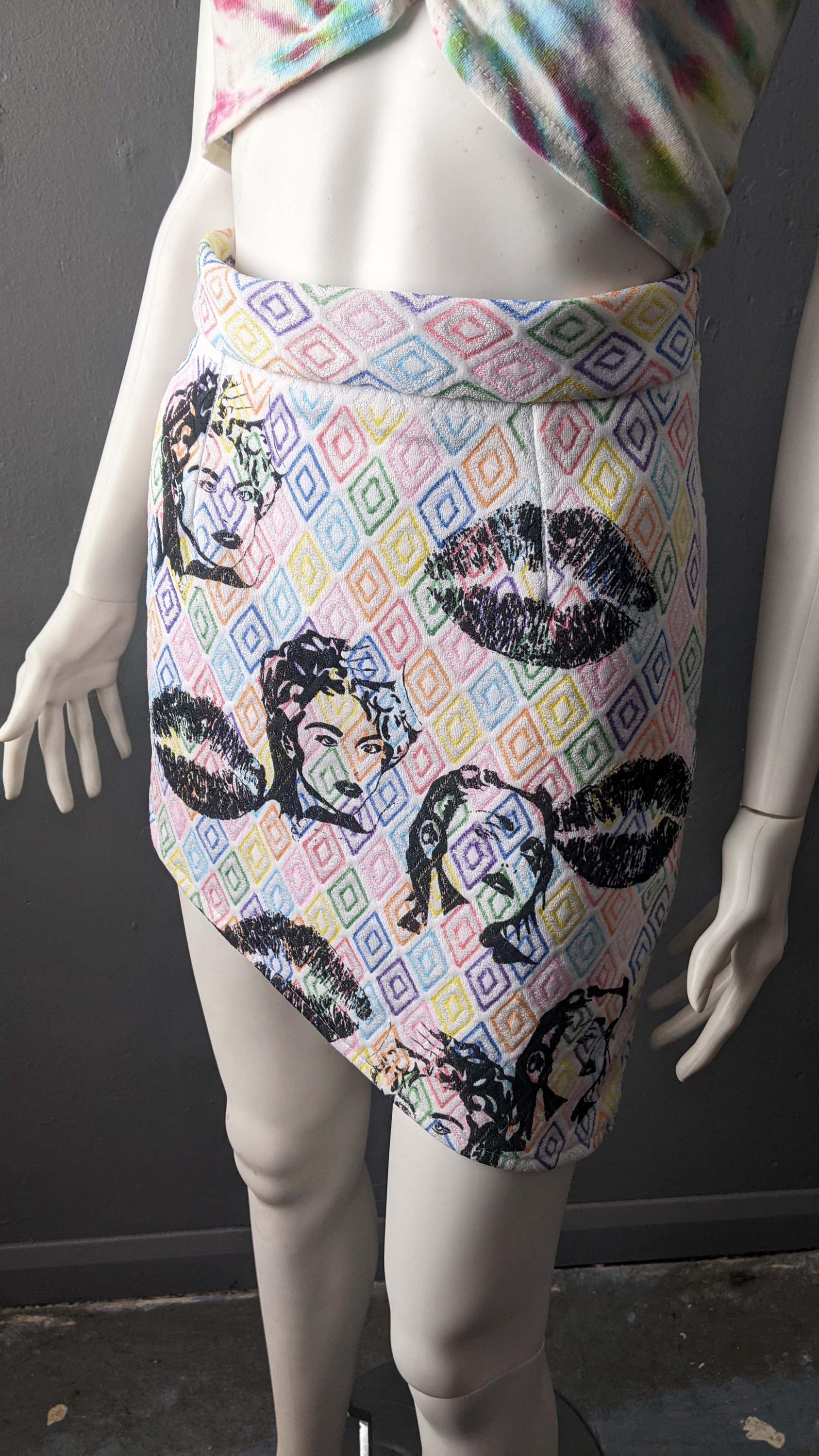 Colourful Asymmetric Mini Skirt, Artistic Eighties Lady and Lips, Size Small
