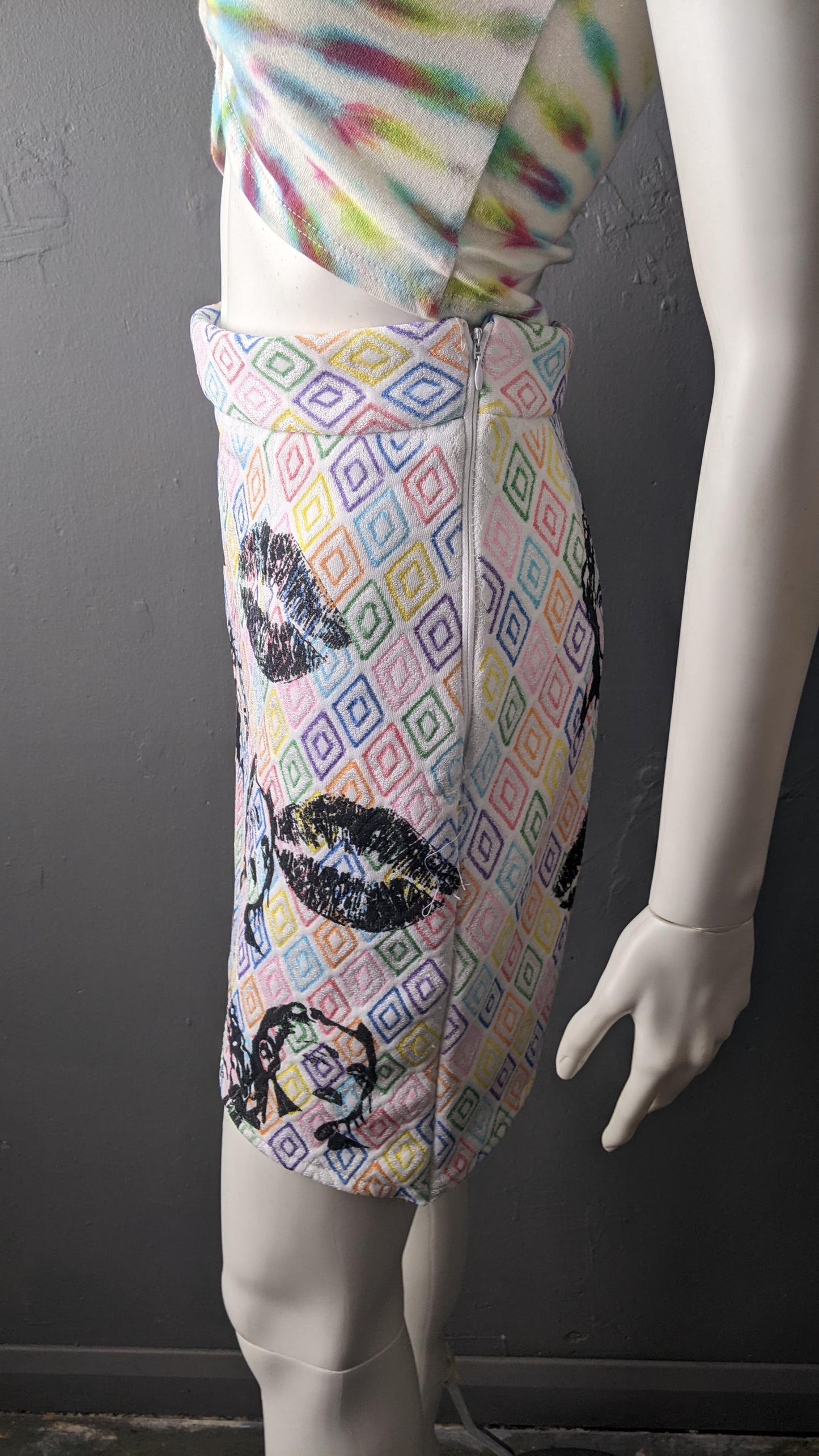 Colourful Asymmetric Mini Skirt, Artistic Eighties Lady and Lips, Size Small