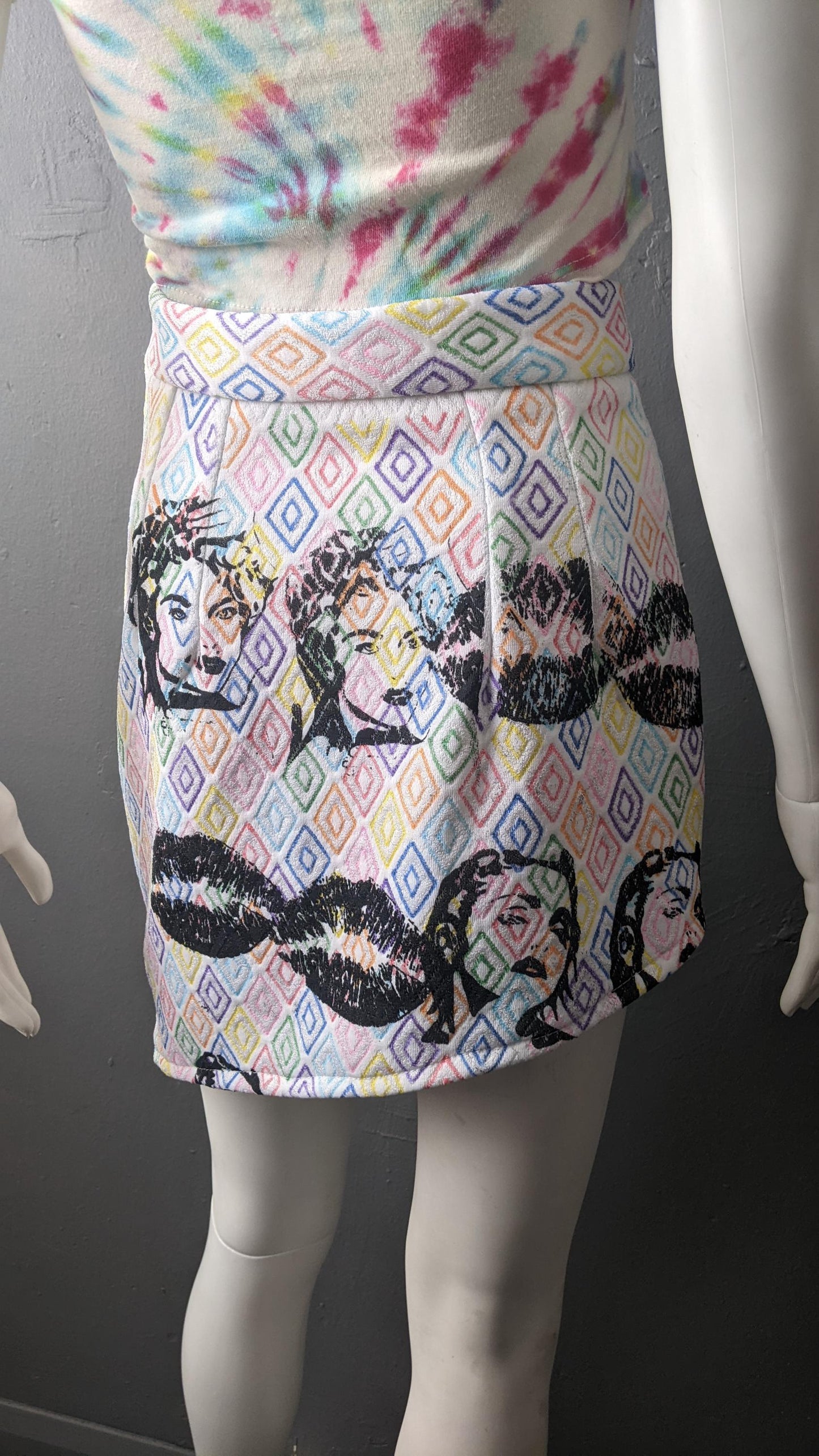 Colourful Asymmetric Mini Skirt, Artistic Eighties Lady and Lips, Size Small