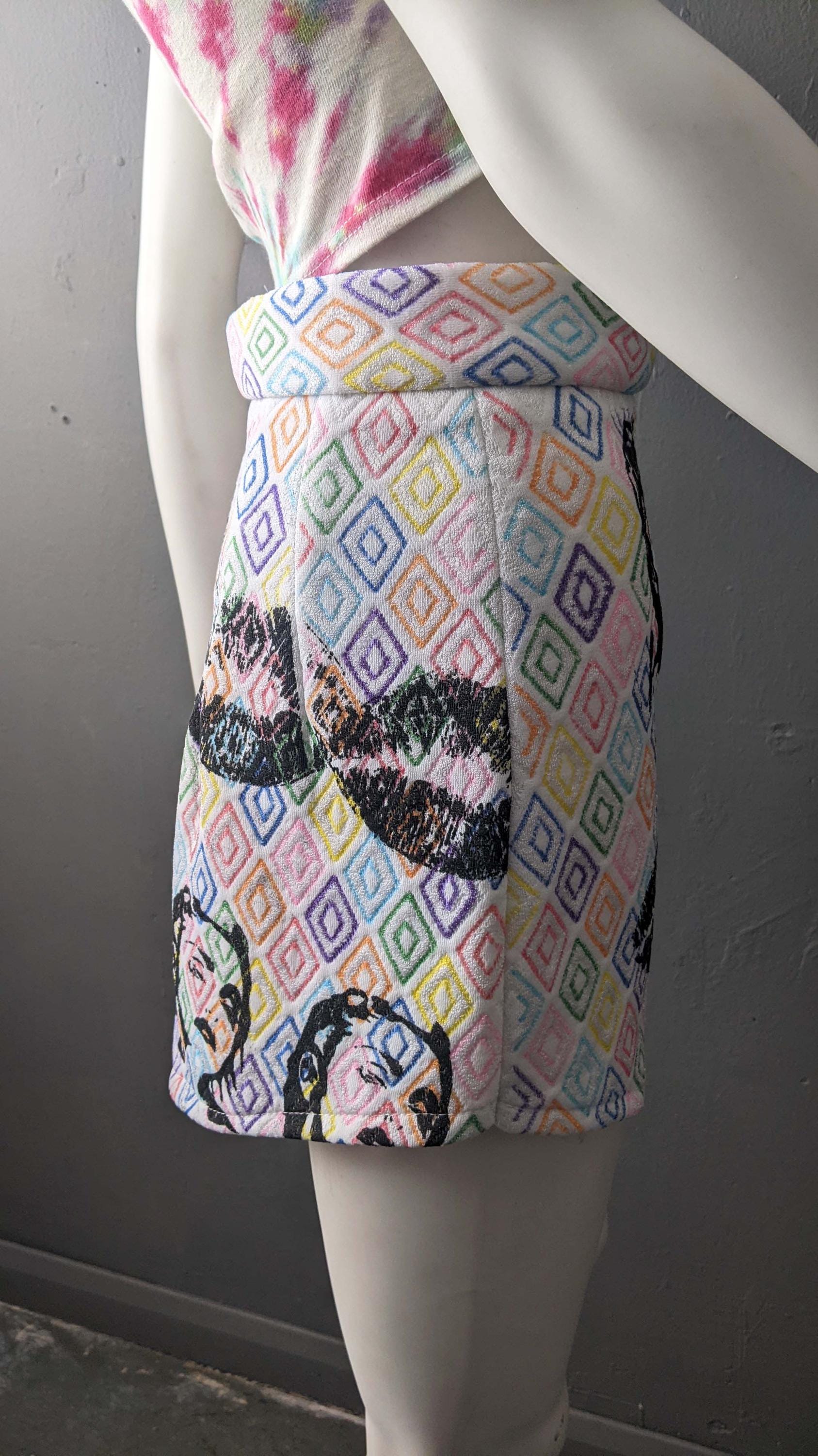 Colourful Asymmetric Mini Skirt, Artistic Eighties Lady and Lips, Size Small