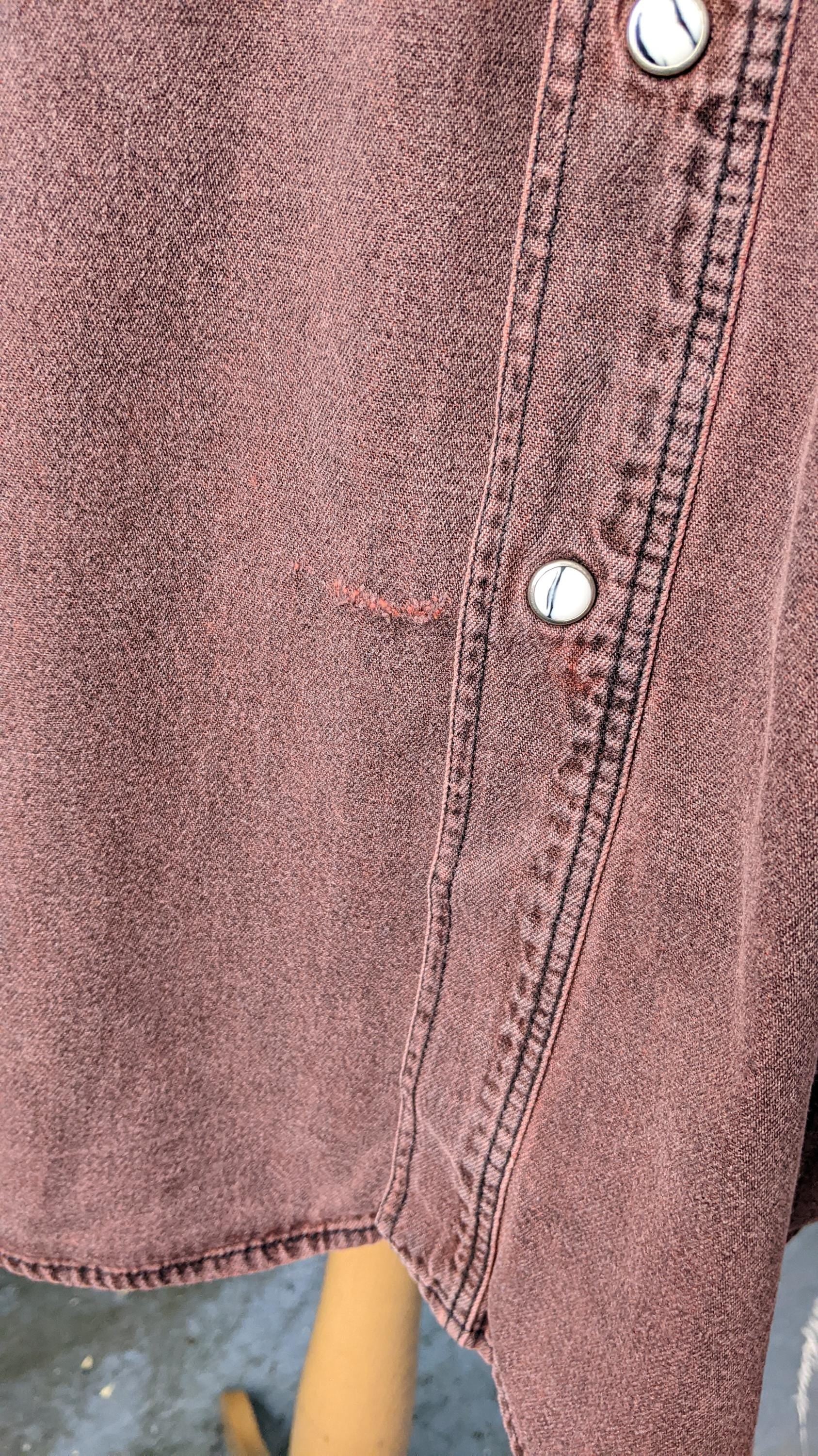 90s Mens Burgundy Denim Shirt, Overdyed Cotton Loose Fit, Size Medium Large 42 Chest