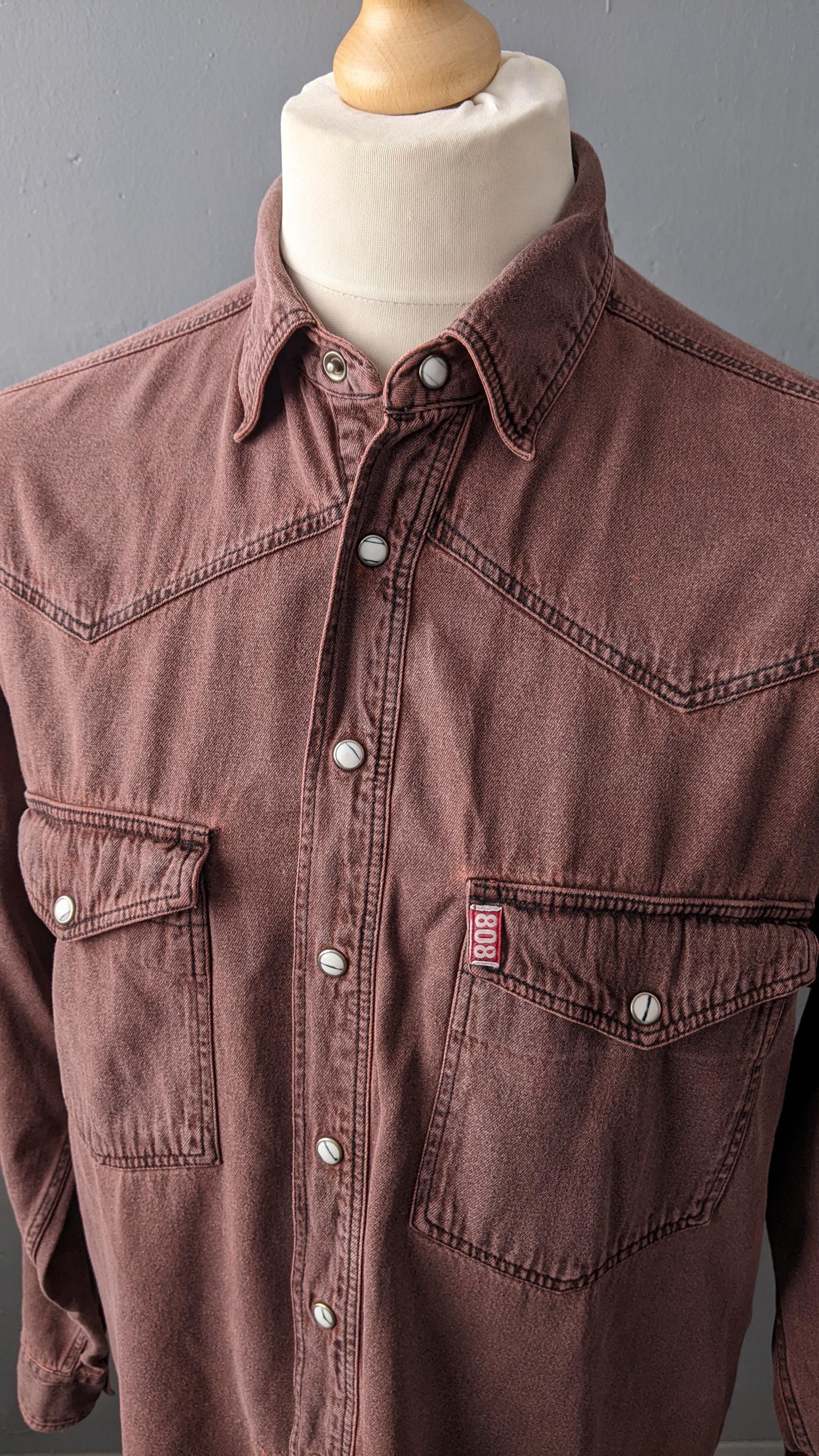 90s Mens Burgundy Denim Shirt, Overdyed Cotton Loose Fit, Size Medium Large 42 Chest