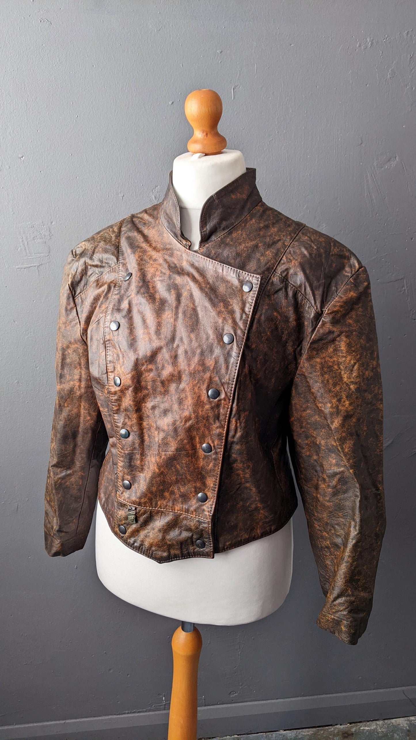 Vintage 80s Leather Coat, Eighties Dieselpunk Biker Jacket, Size Medium