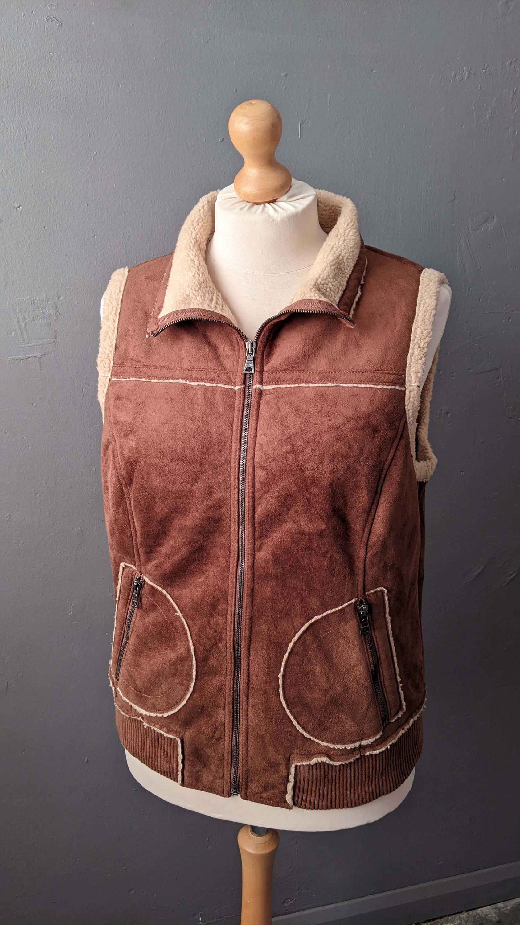 Y2K Faux Sheepskin Gilet by Esprit, Sleeveless Bodywarmer Vest, Plus Size Large XL