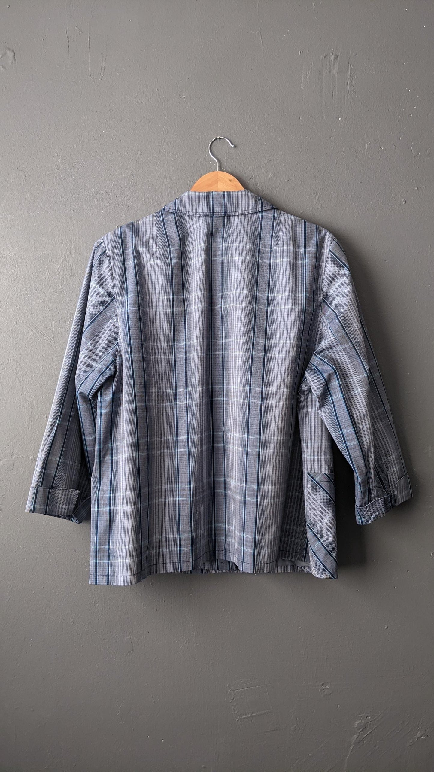 Vintage Blue Check Jacket, Lightweight Summer Boxy Blazer, Plus Size XL