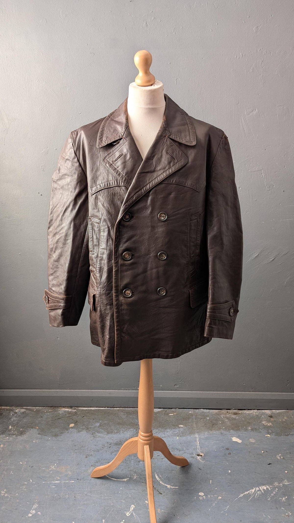 1970s Mens Leather Jacket, Vintage Double Breasted Overcoat, 48 Chest Size XL