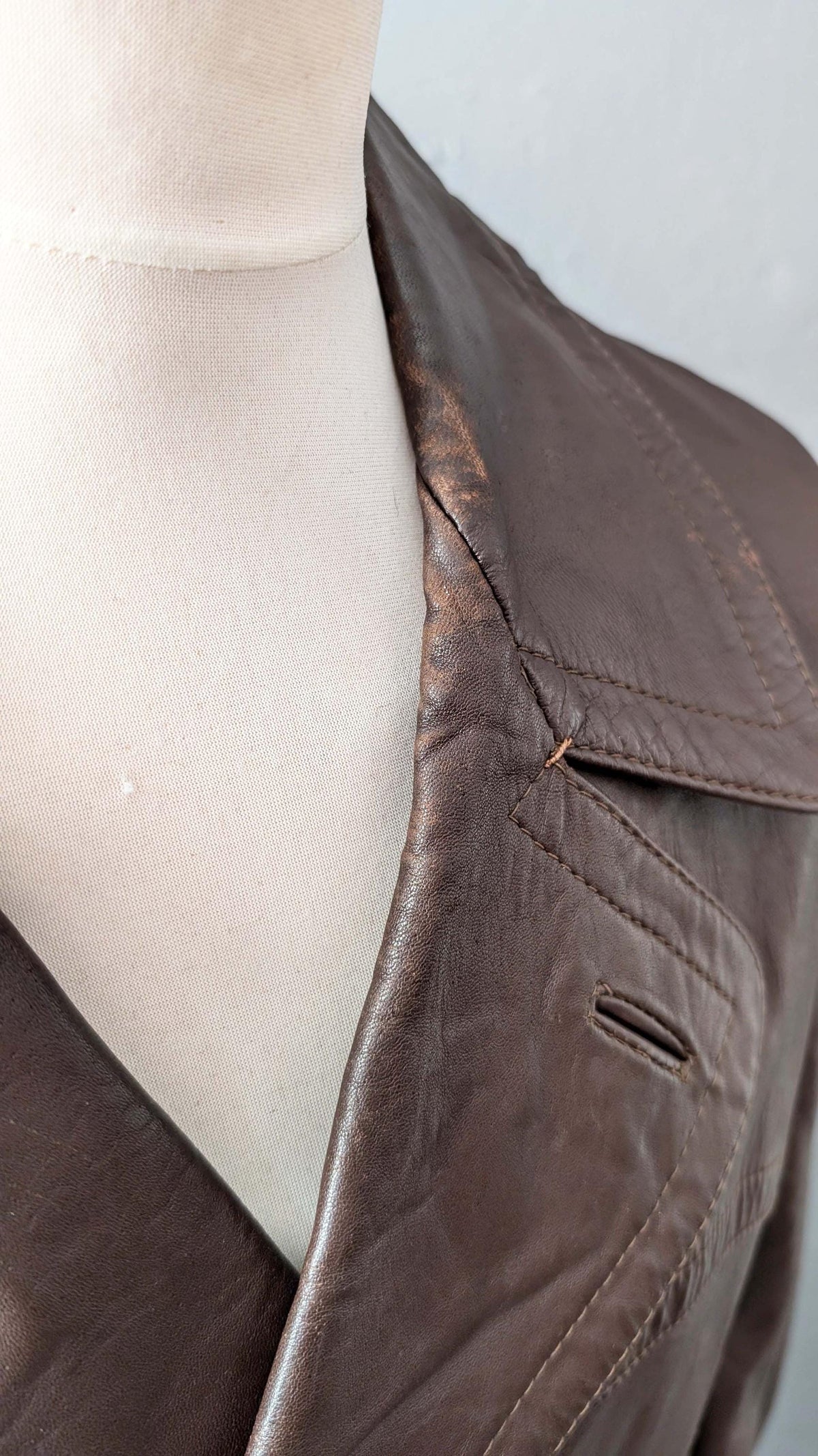 1970s Mens Leather Jacket, Vintage Double Breasted Overcoat, 48 Chest Size XL