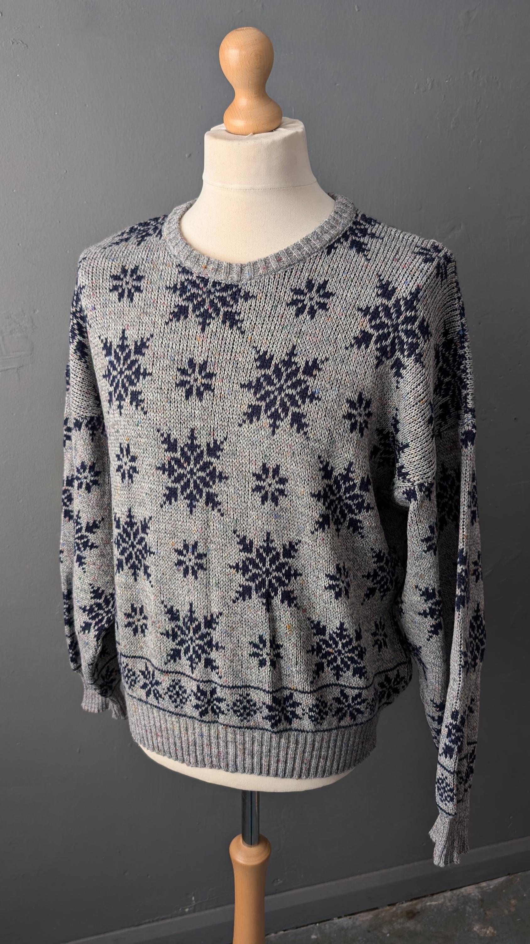 90s Snowflake Sweater, Boyfriend Oversized Slouchy Jumper, Size Large