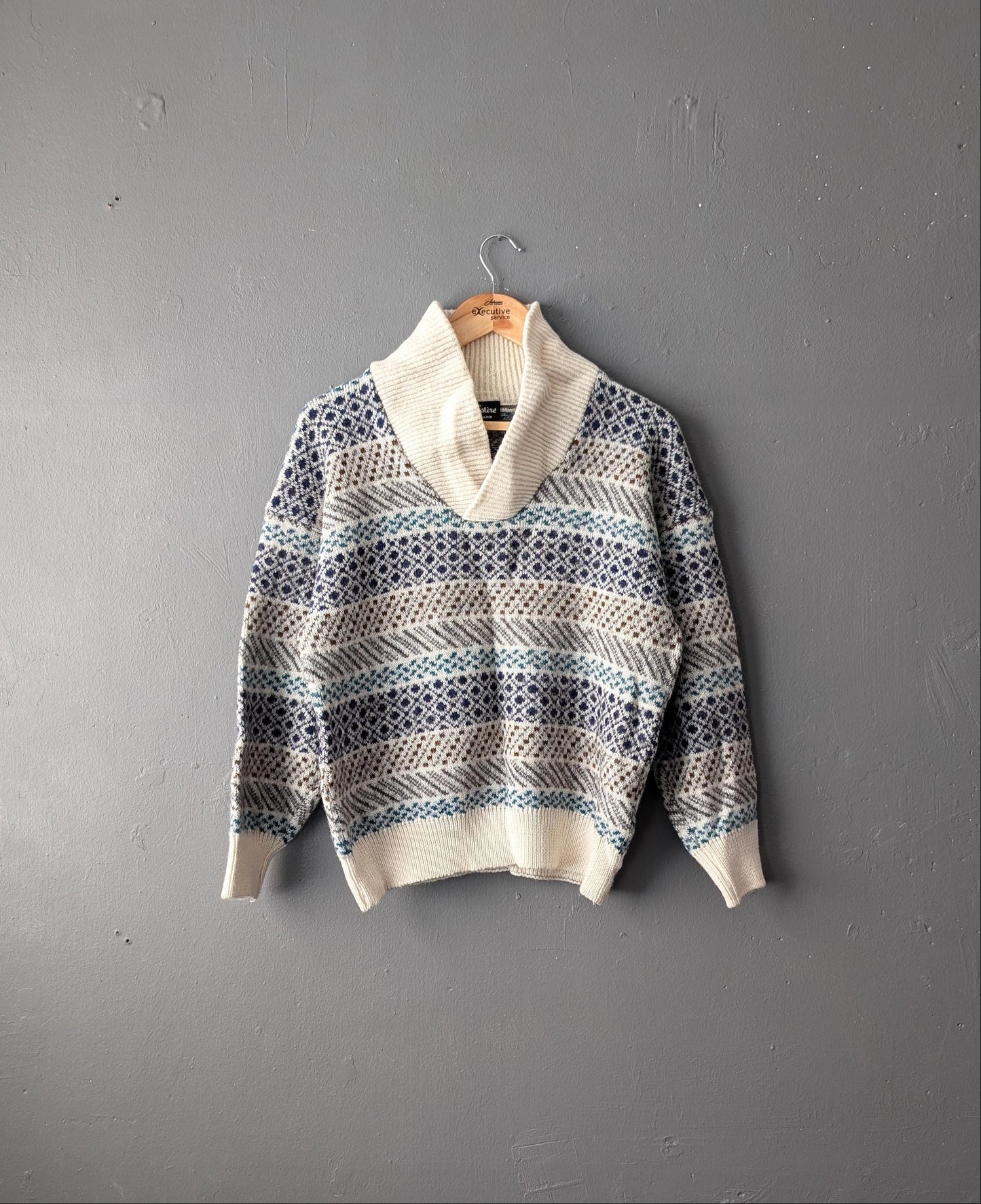 90s High Neck Wool Blend Sweater by Louis Estere with Shawl Collar, Size M