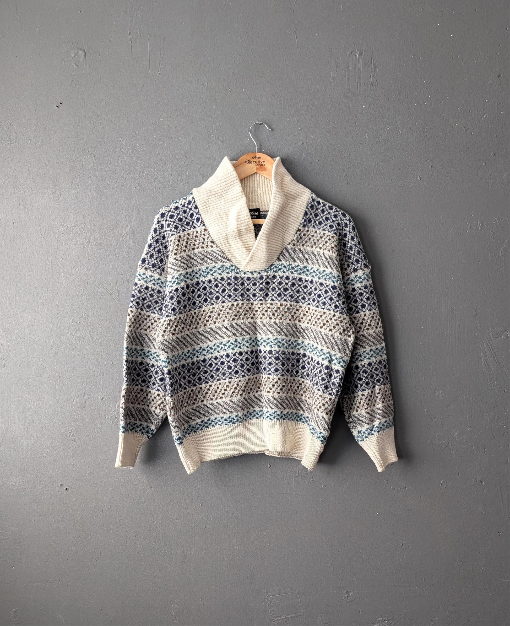 90s High Neck Wool Blend Sweater by Louis Estere with Shawl Collar, Size M
