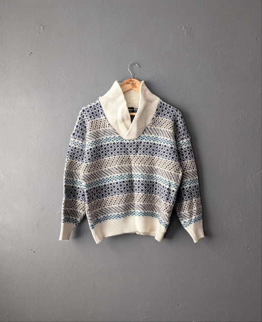 90s High Neck Wool Blend Sweater by Louis Estere with Shawl Collar, Size M