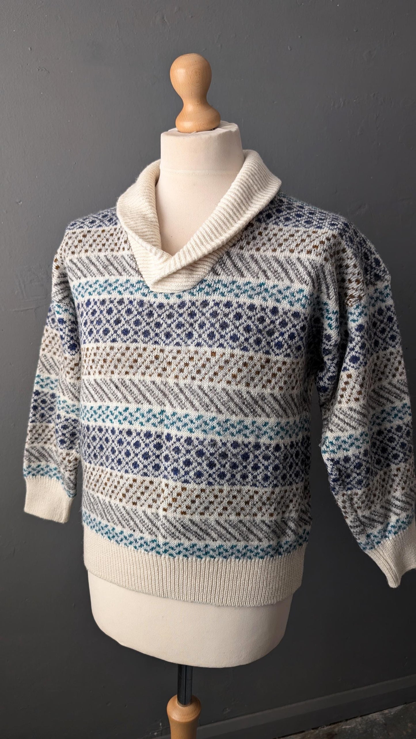 90s High Neck Wool Blend Sweater by Louis Estere with Shawl Collar, Size M