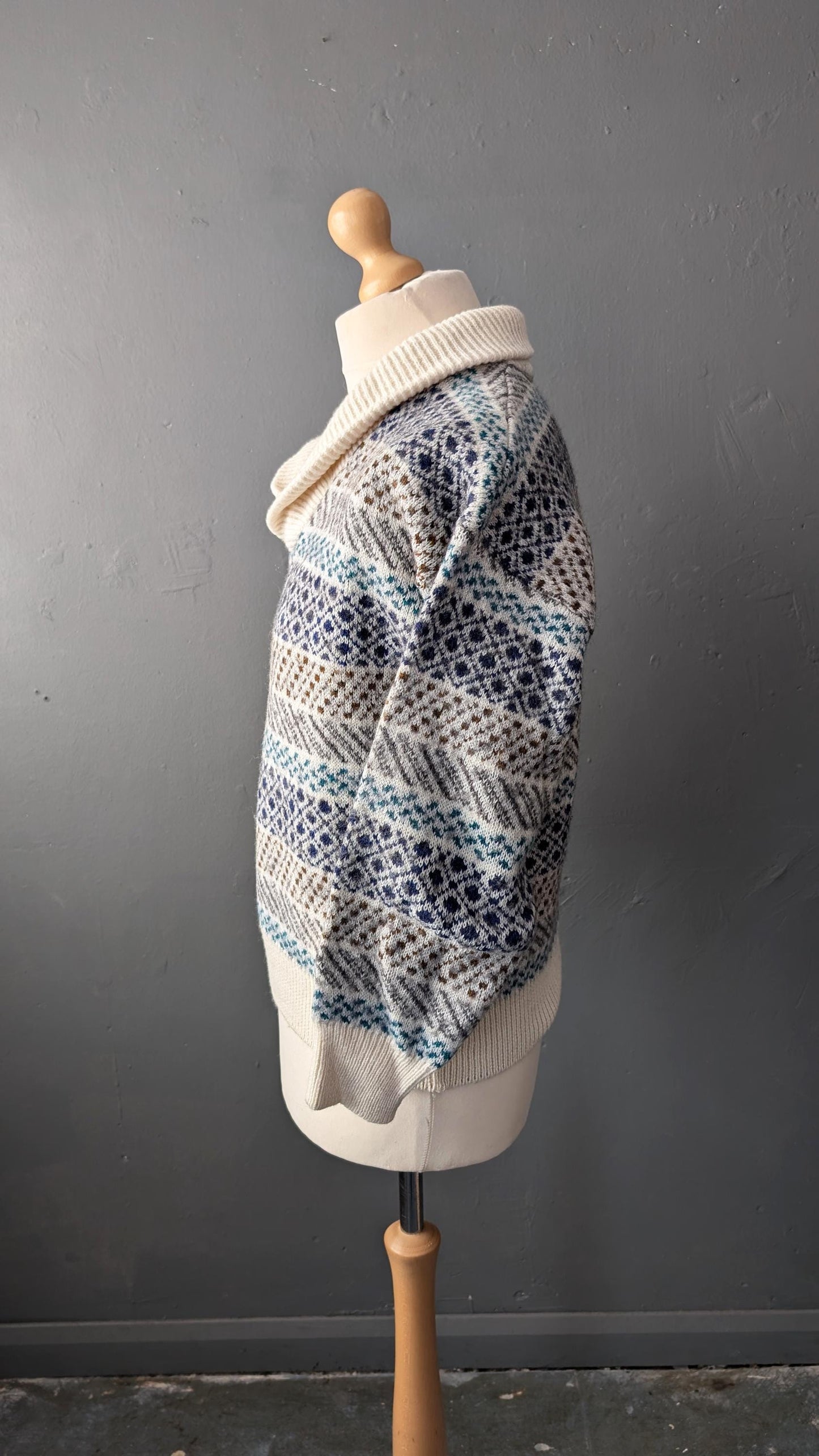 90s High Neck Wool Blend Sweater by Louis Estere with Shawl Collar, Size M
