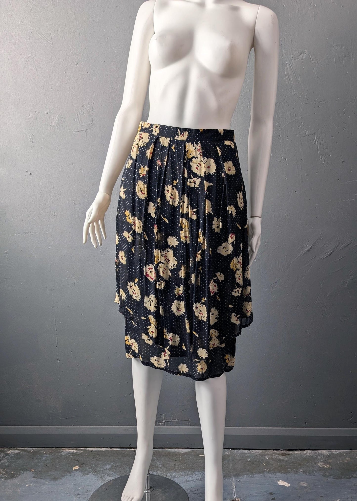 80s Tiered Pleated Skirt by Time Collection, Mini Polka Dot Floral, Size Small