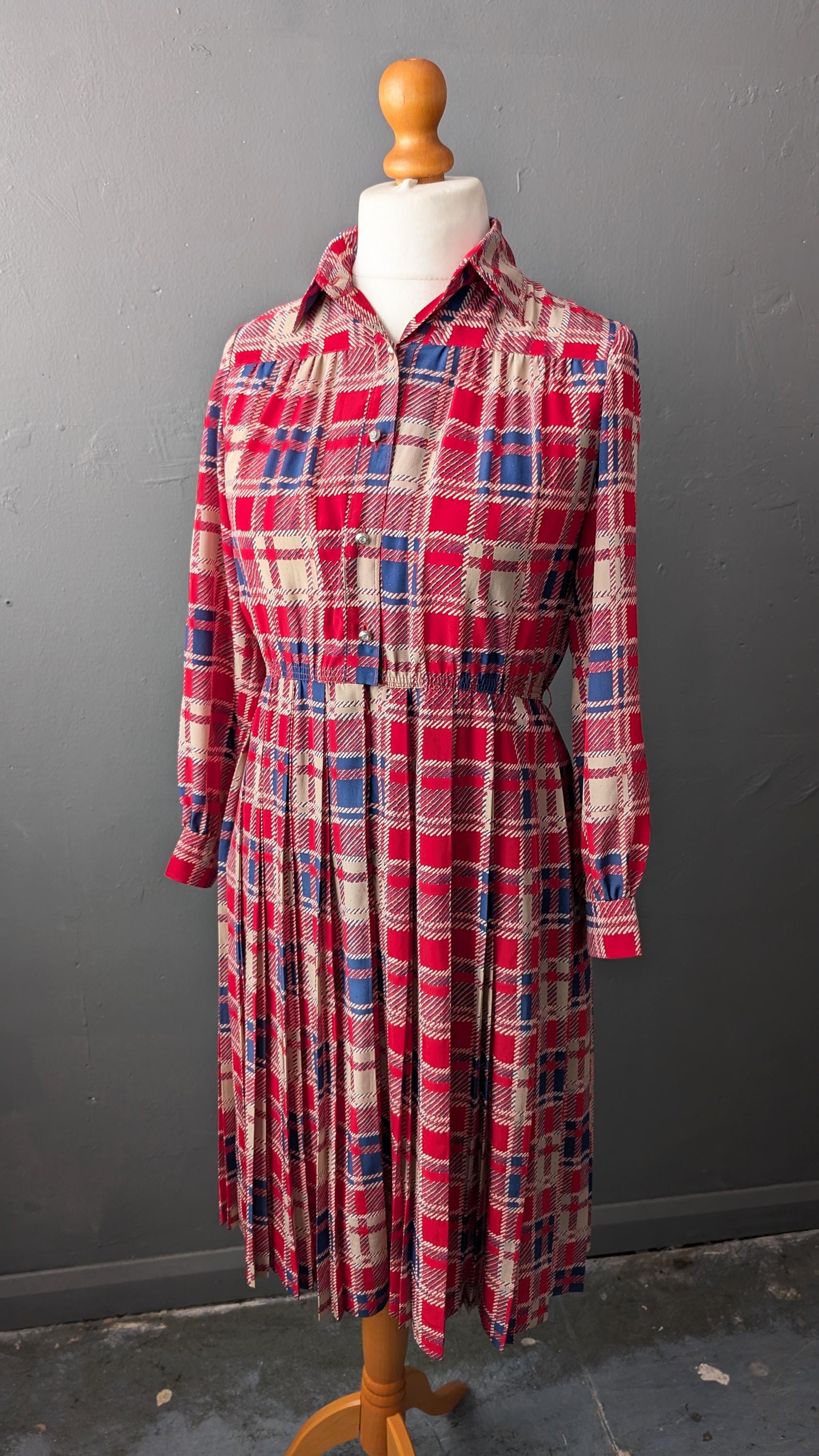 80s Tartan Day Dress, Summer Pleated Shirtdress, Size Small Medium