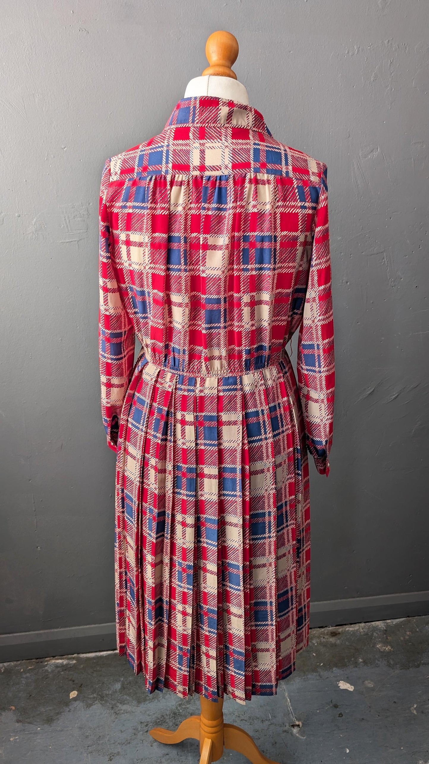80s Tartan Day Dress, Summer Pleated Shirtdress, Size Small Medium