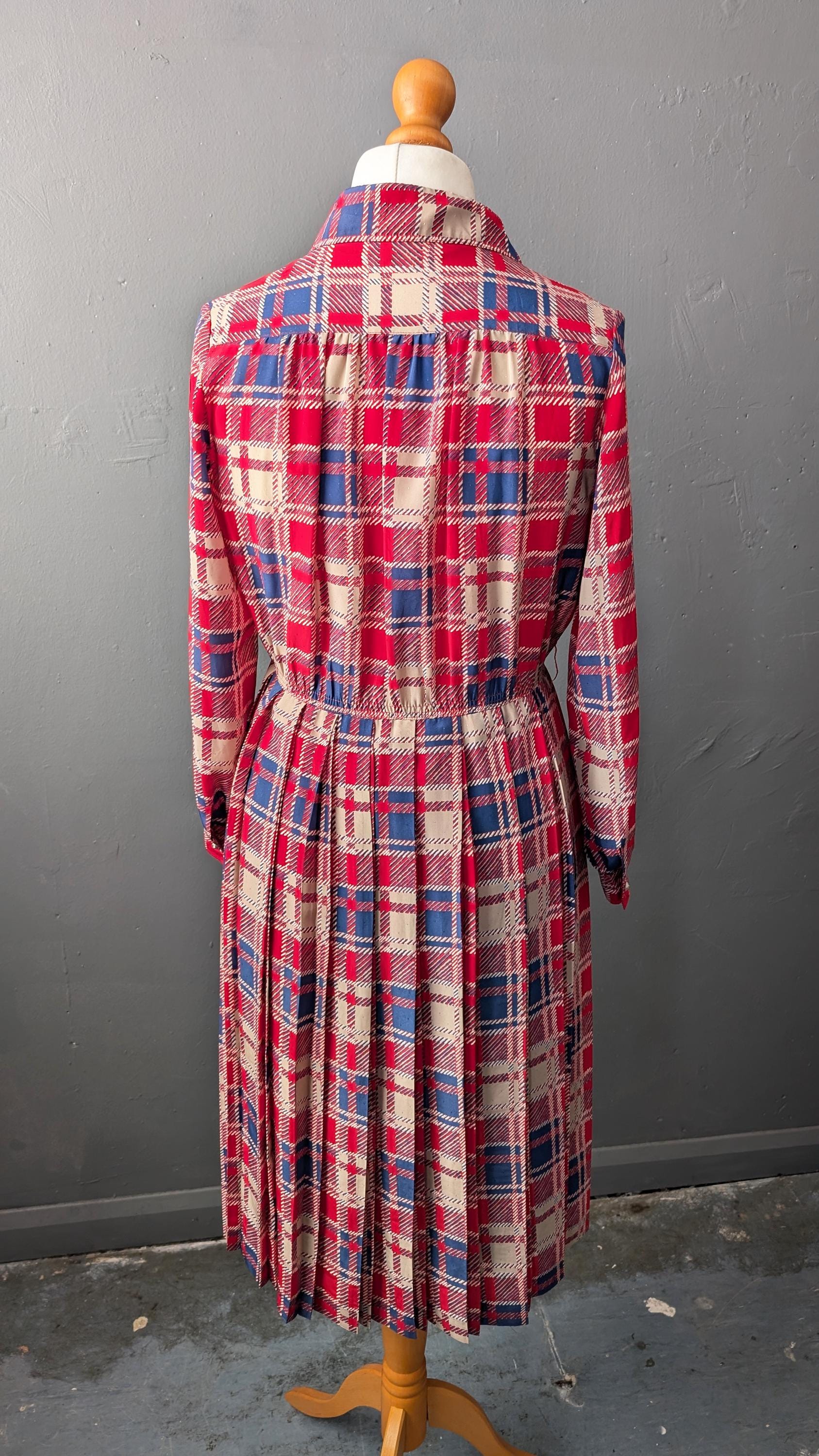 80s Tartan Day Dress, Summer Pleated Shirtdress, Size Small Medium