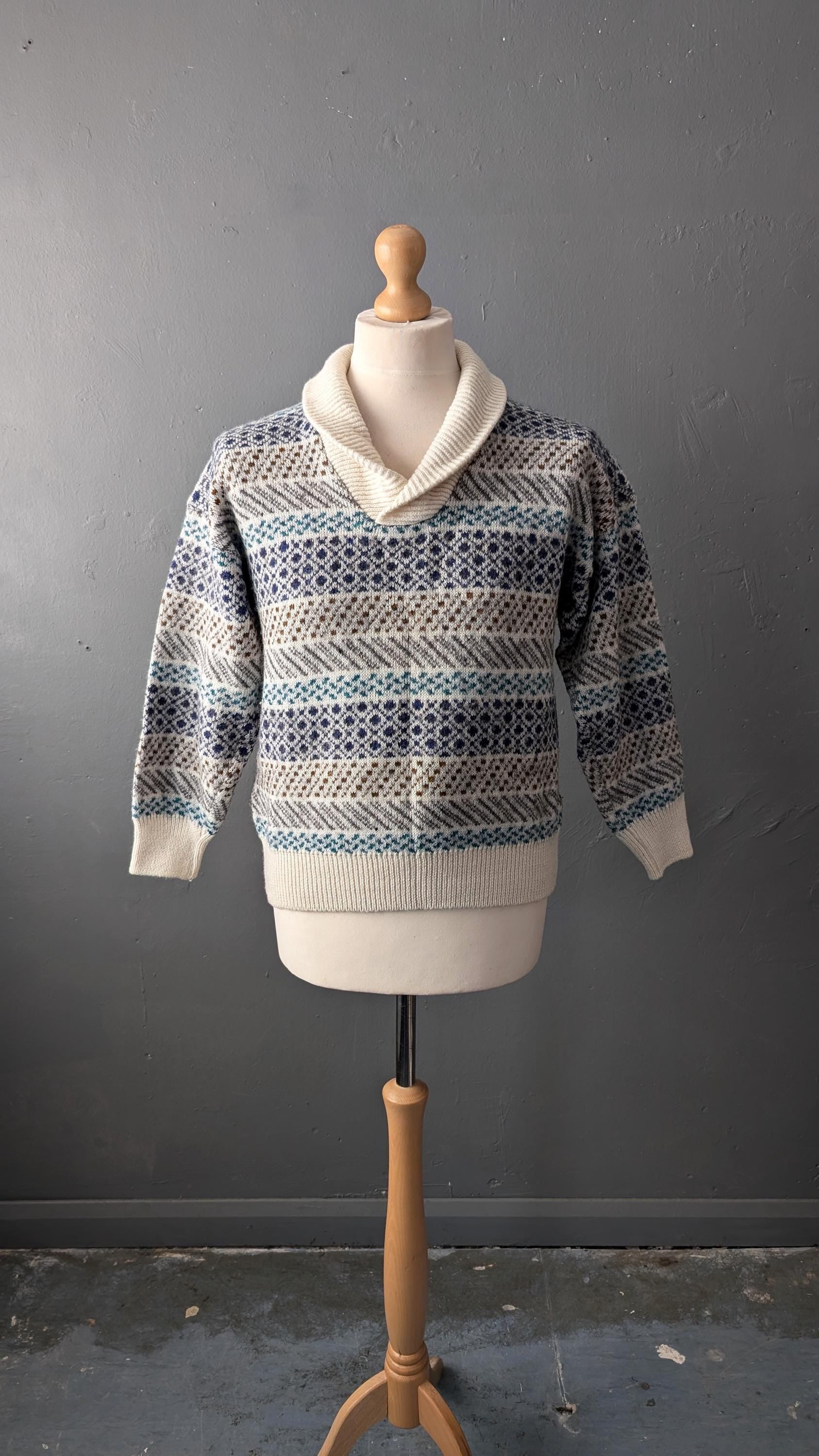 90s High Neck Wool Blend Sweater by Louis Estere with Shawl Collar, Size M