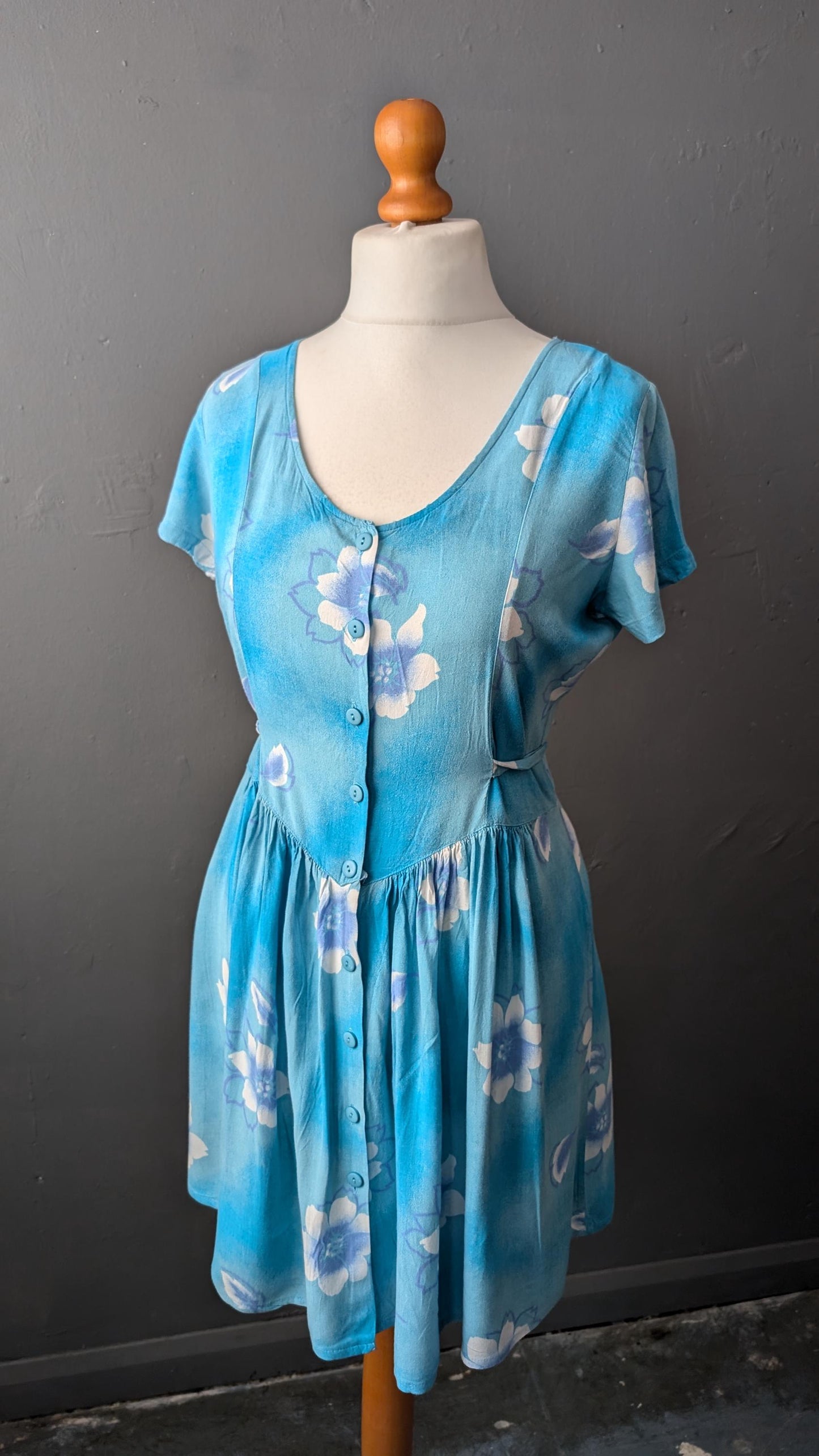 90s Sky Blue Sundress with White Flower Print, Vintage Summer Viscose Dress, Size Medium